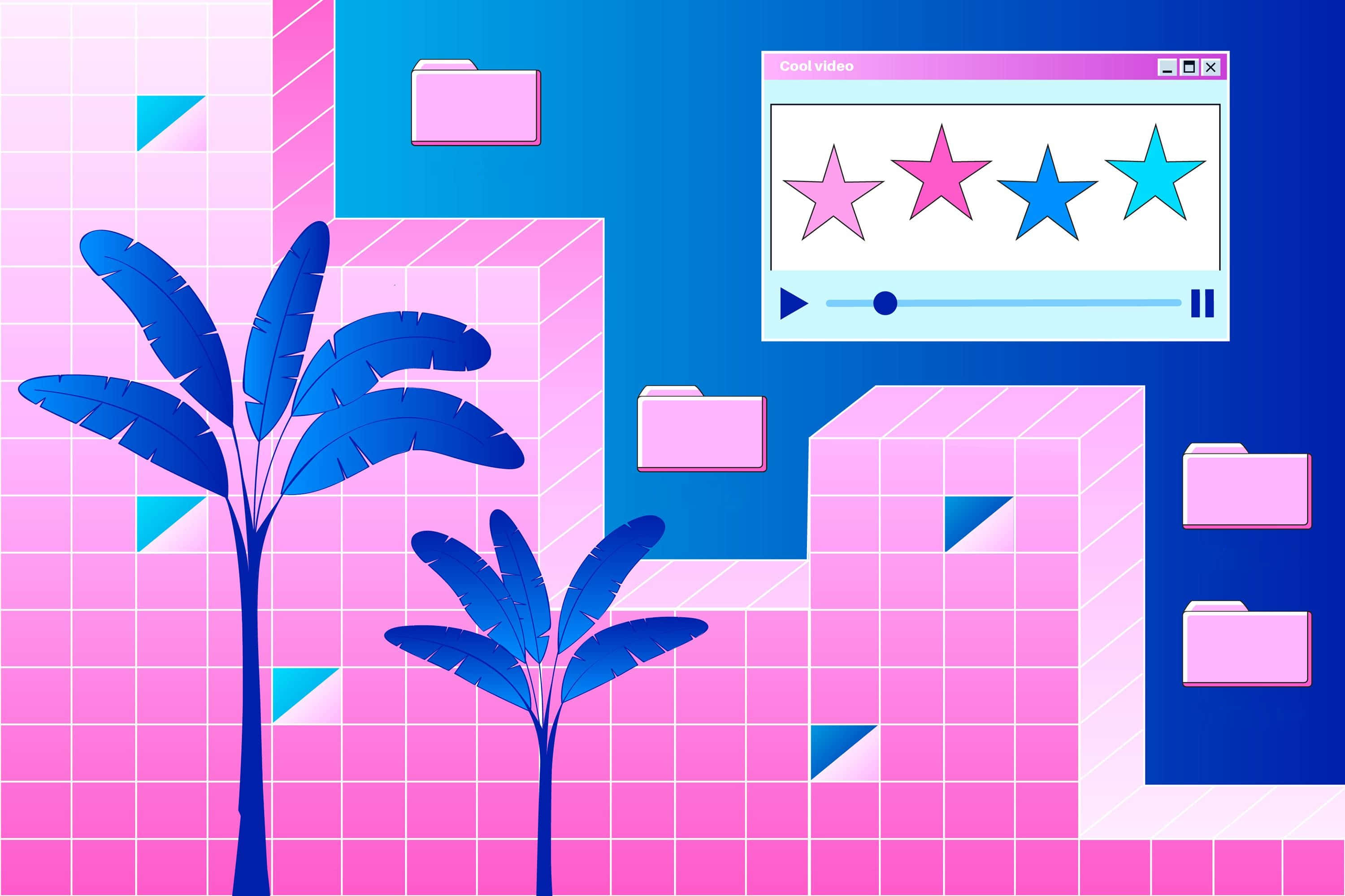 Cyber Y2 K Aesthetic Background, blue palm trees, pink grid blocks, 2K Desktop Wallpaper