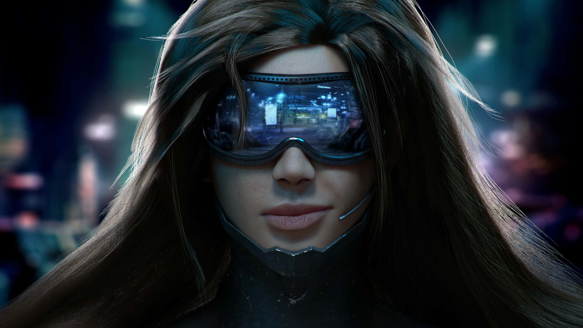 cyberpunk laptop, neon city lights, dark urban night scene, Full HD Desktop Wallpaper