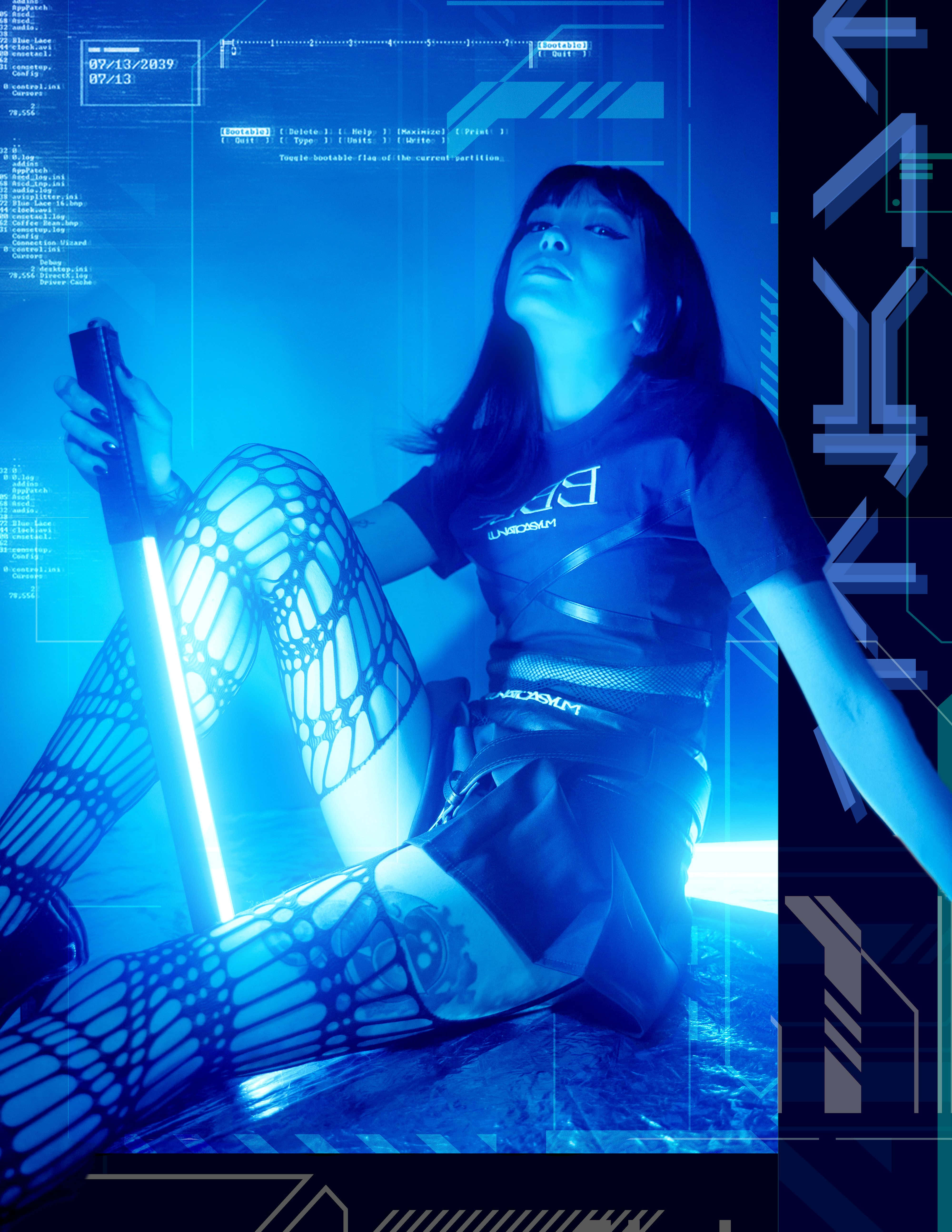 Cyber Y2 K Fashion Portrait, glowing blue digital overlays, neon light, 5K Phone Wallpaper