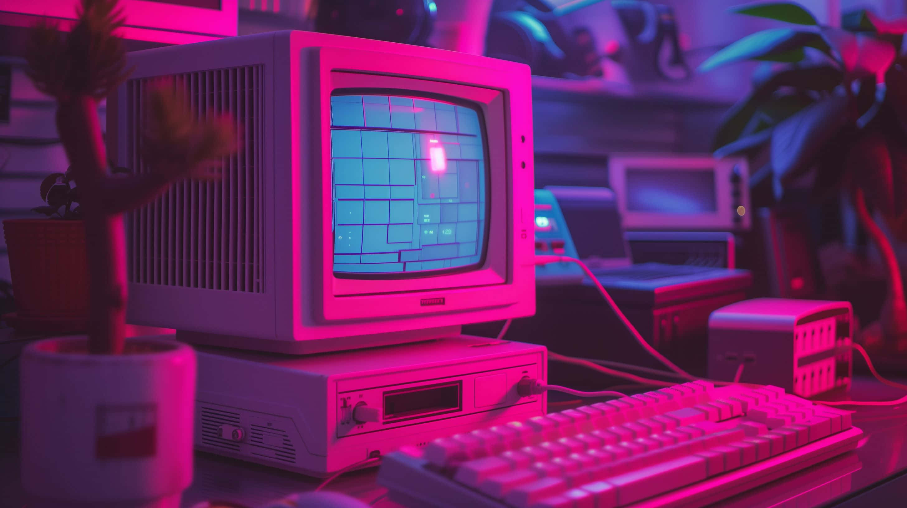 retro computer setup, vibrant pink neon light, glowing screen, 2K Desktop Wallpaper