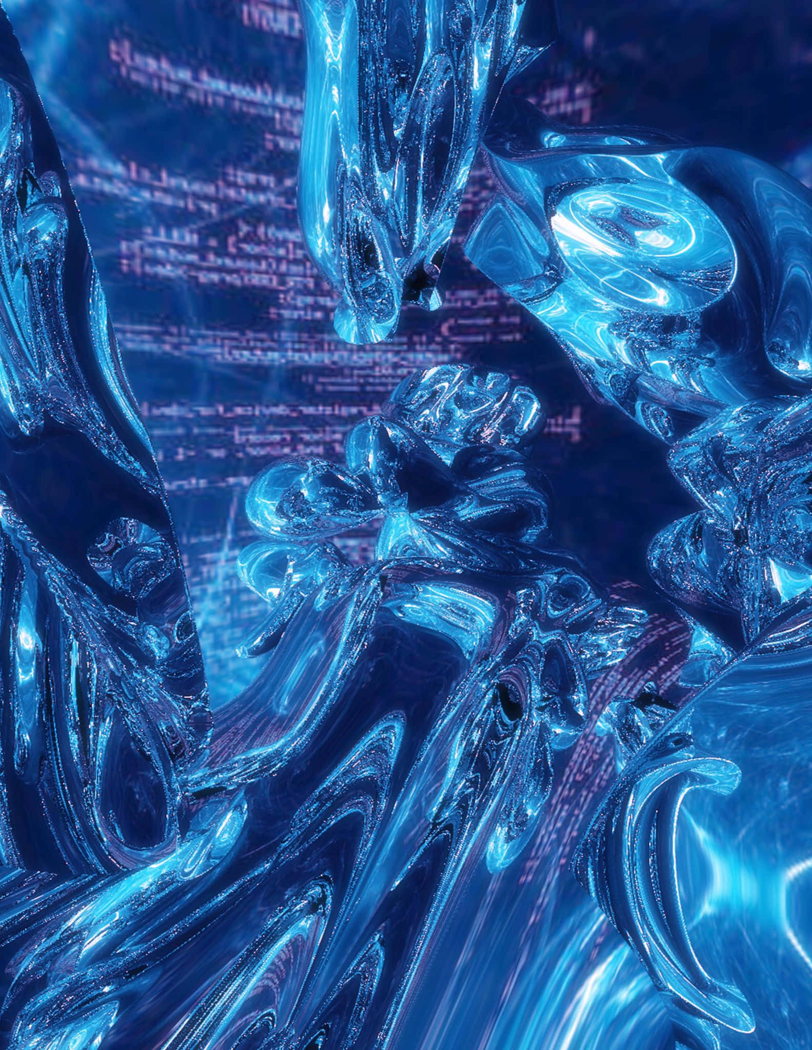 glowing blue liquid glass, floating digital code, deep indigo backdrop, Full HD Phone Wallpaper