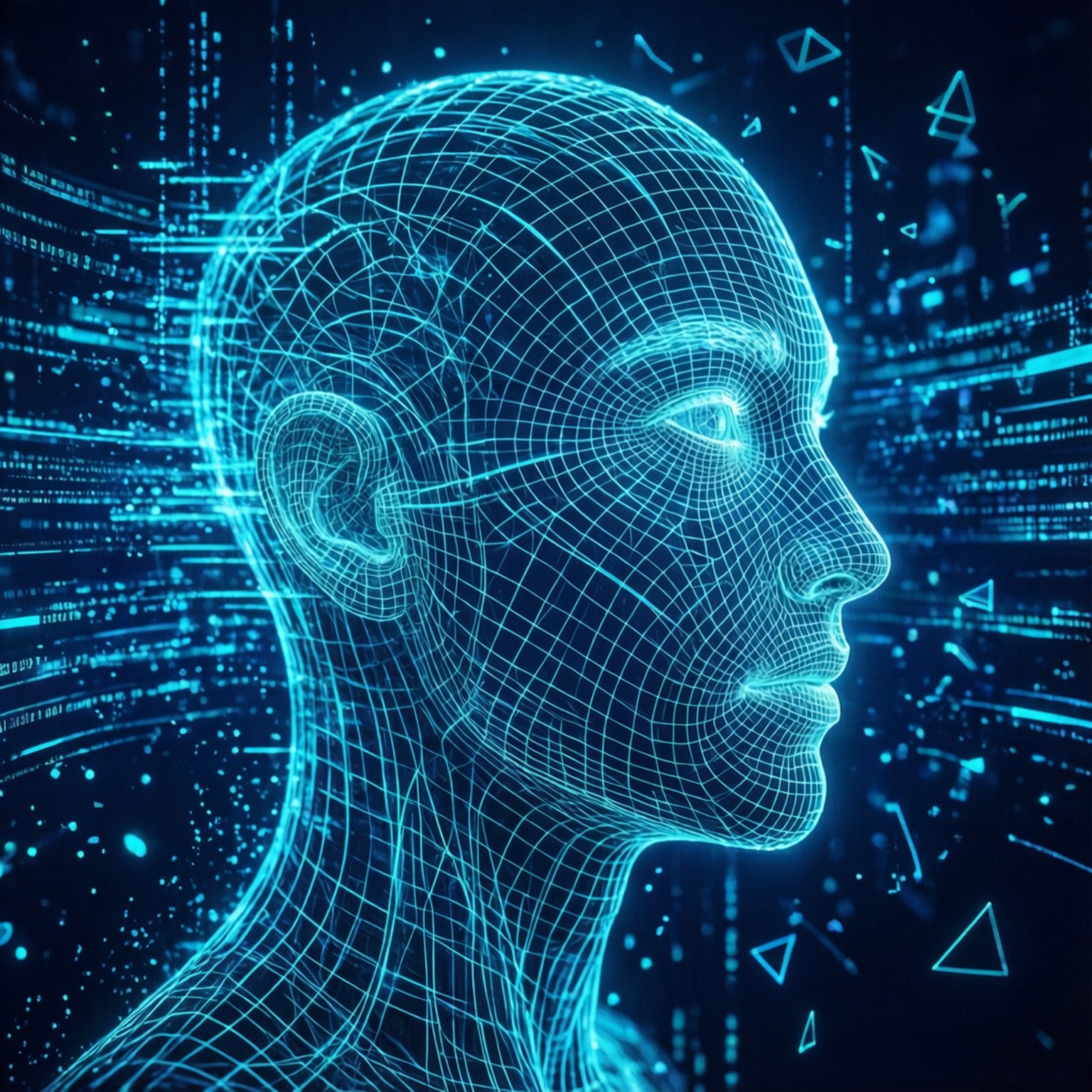 wireframe face, glowing cyan lines, data streams, HD Desktop Wallpaper