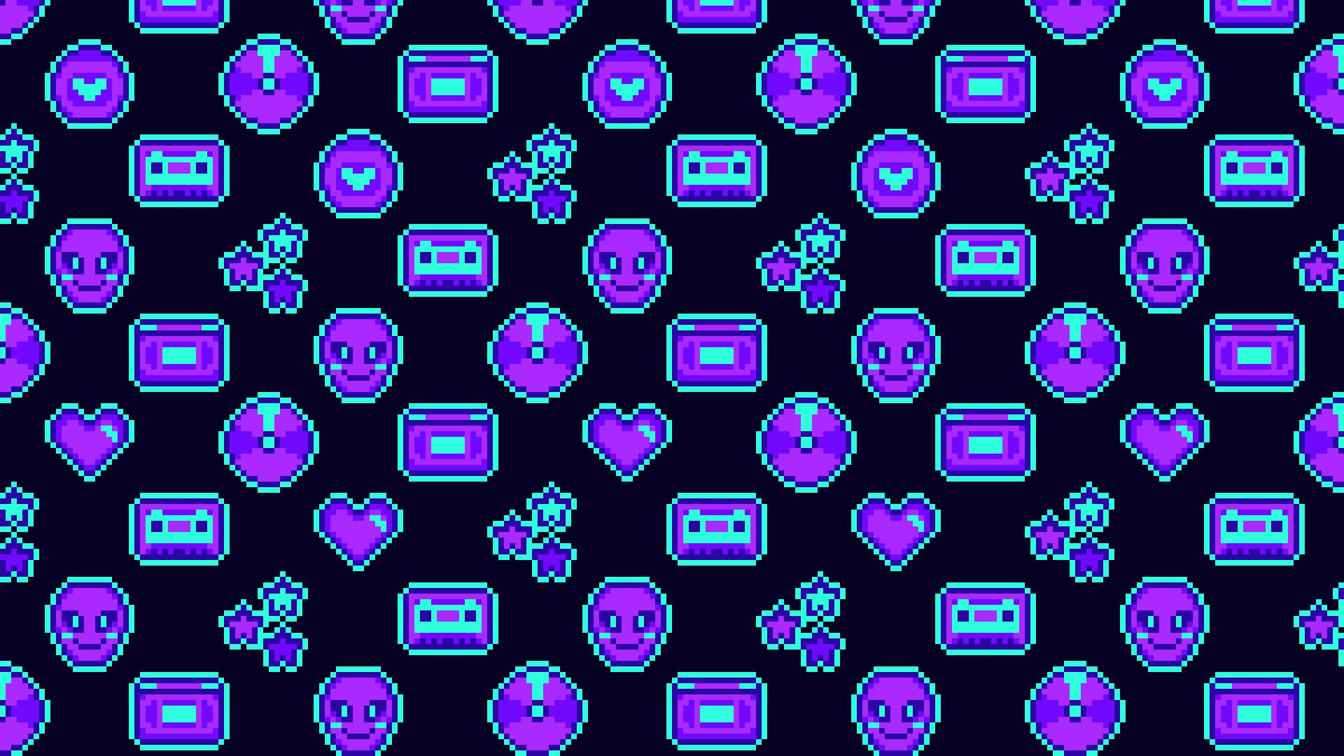Cyber Y2 K Pattern Background, glowing purple cassette tapes, hearts, Full HD Desktop Wallpaper