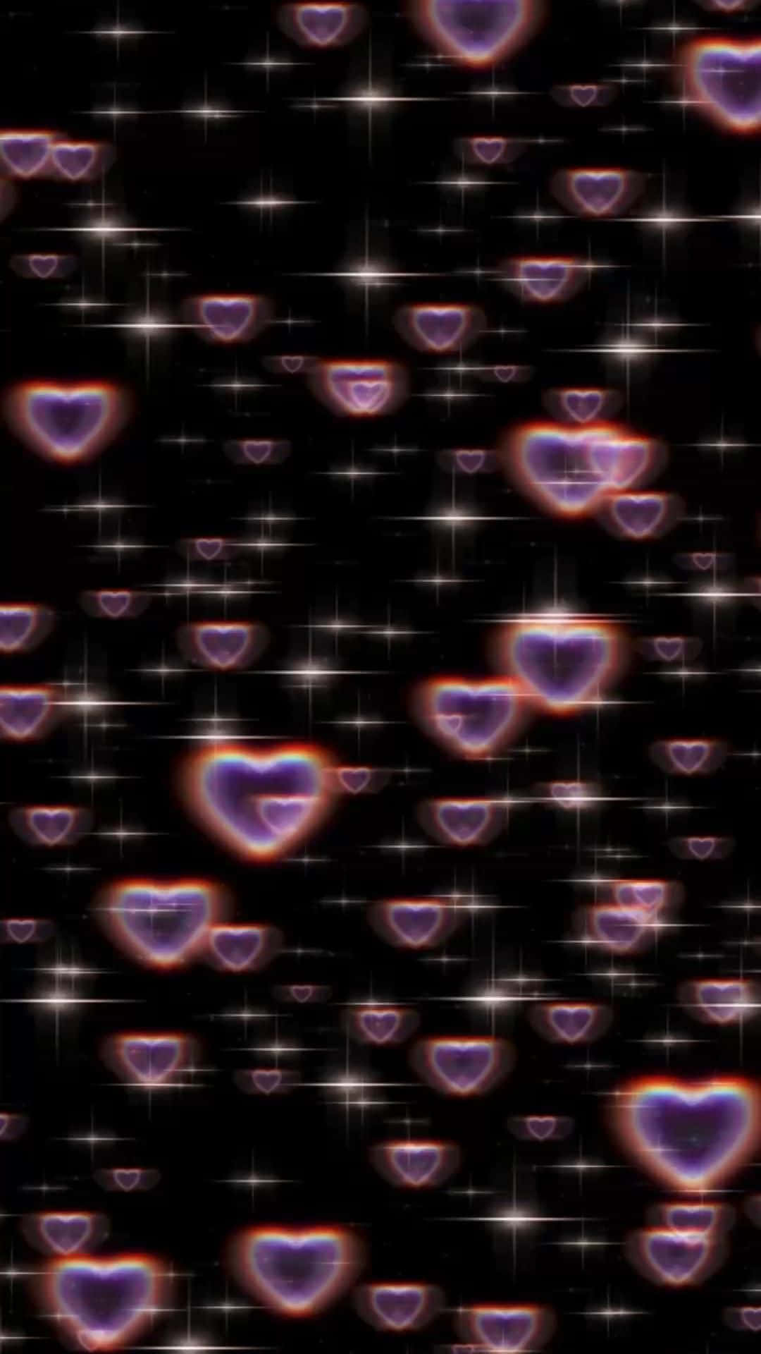 Cyber Hearts Glitter Pattern, glowing purple hearts, sparkling stars, Full HD Phone Wallpaper