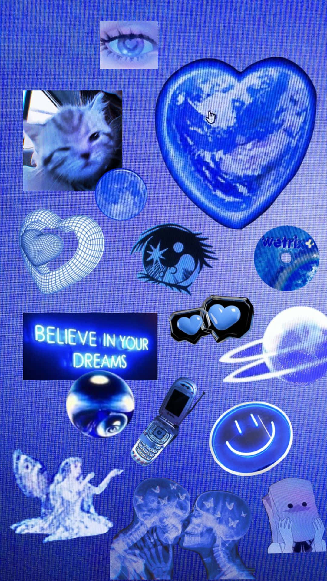 Cyber Y2 K Aesthetic Collage, vibrant blue, pixelated background, Full HD Phone Wallpaper