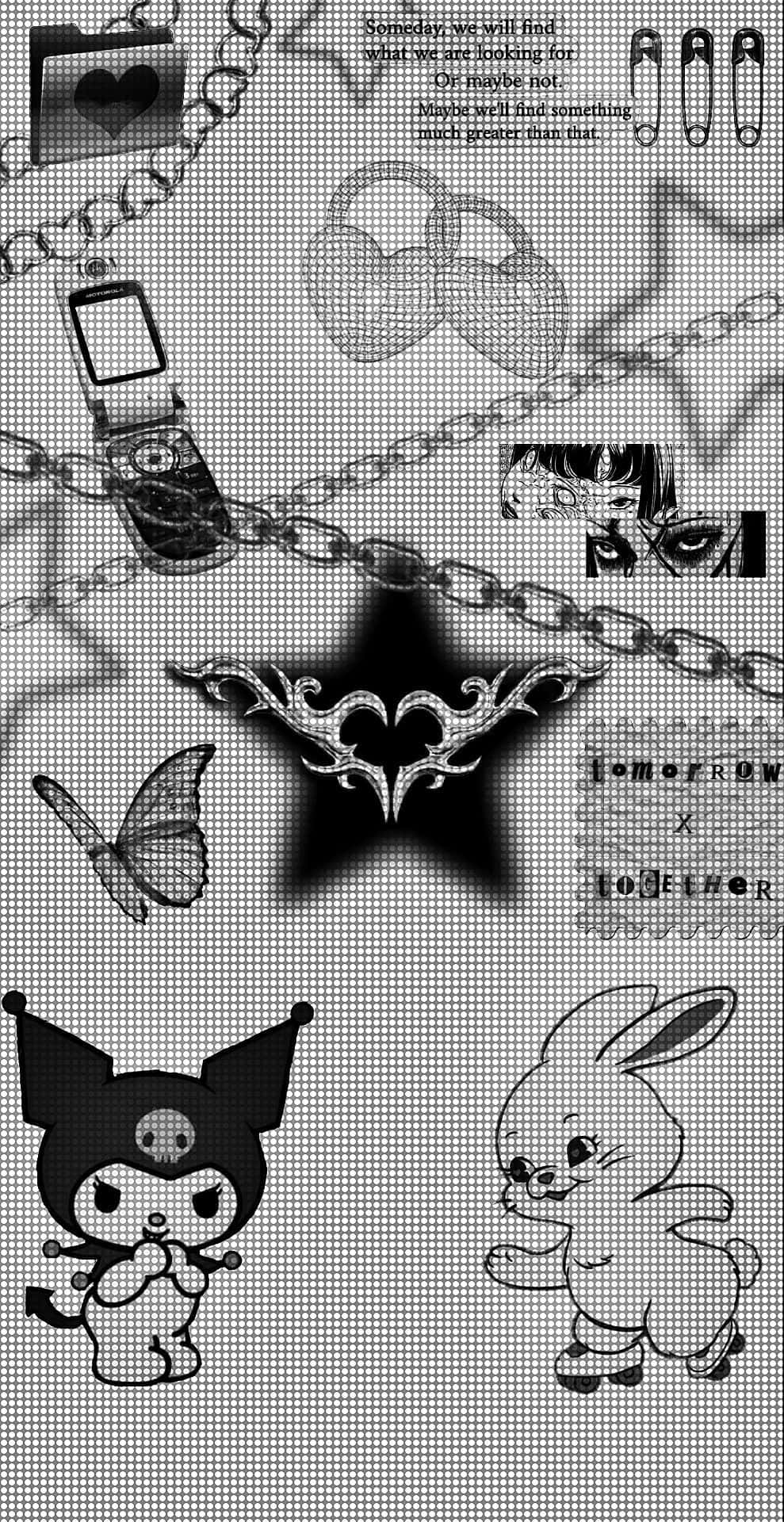 Cyber Y2 K Aesthetic Collage, black and white grid-patterned wallpaper, anime characters, Full HD Phone Wallpaper