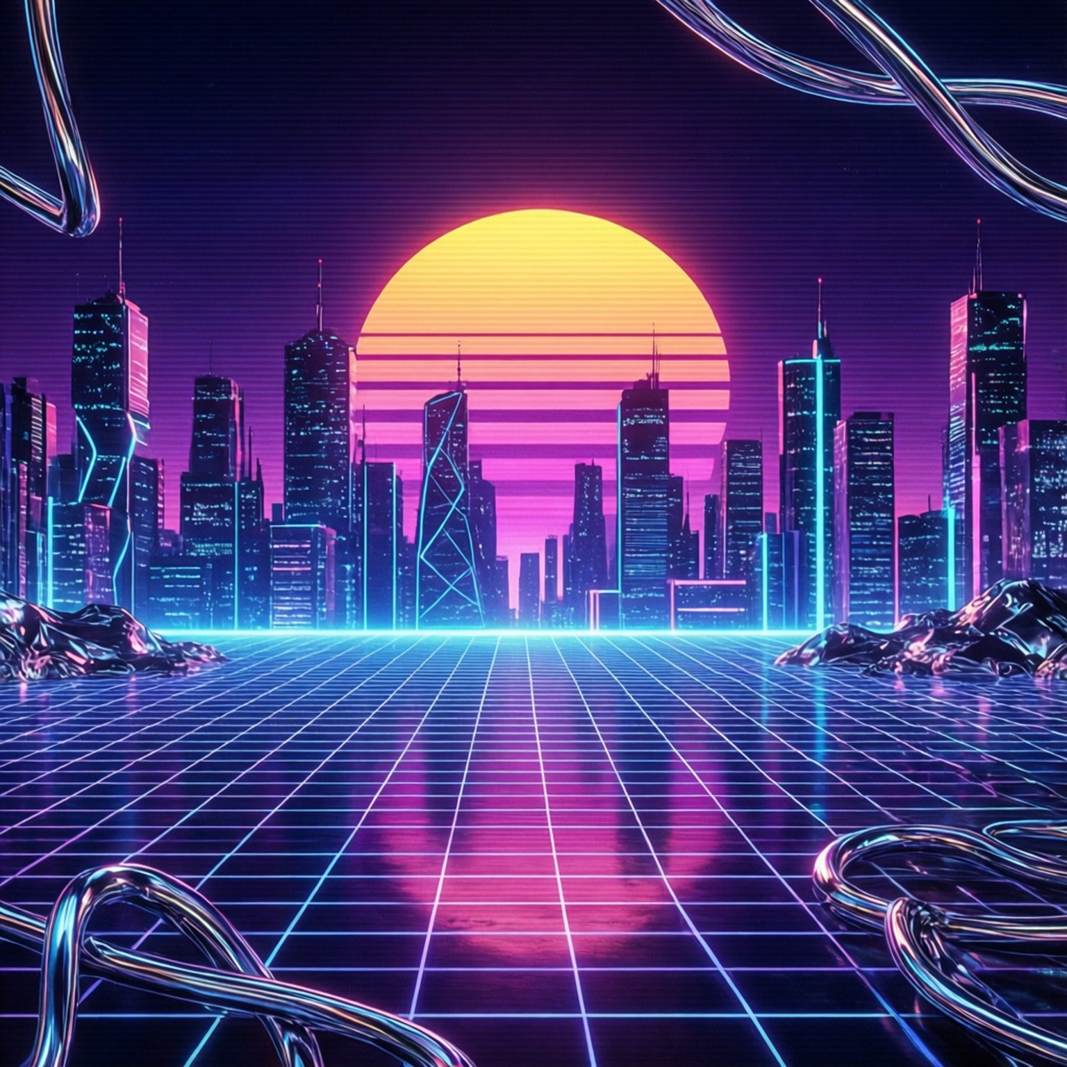 Synthwave City Sunset, neon-drenched, retrofuturistic cityscape, HD Desktop Wallpaper