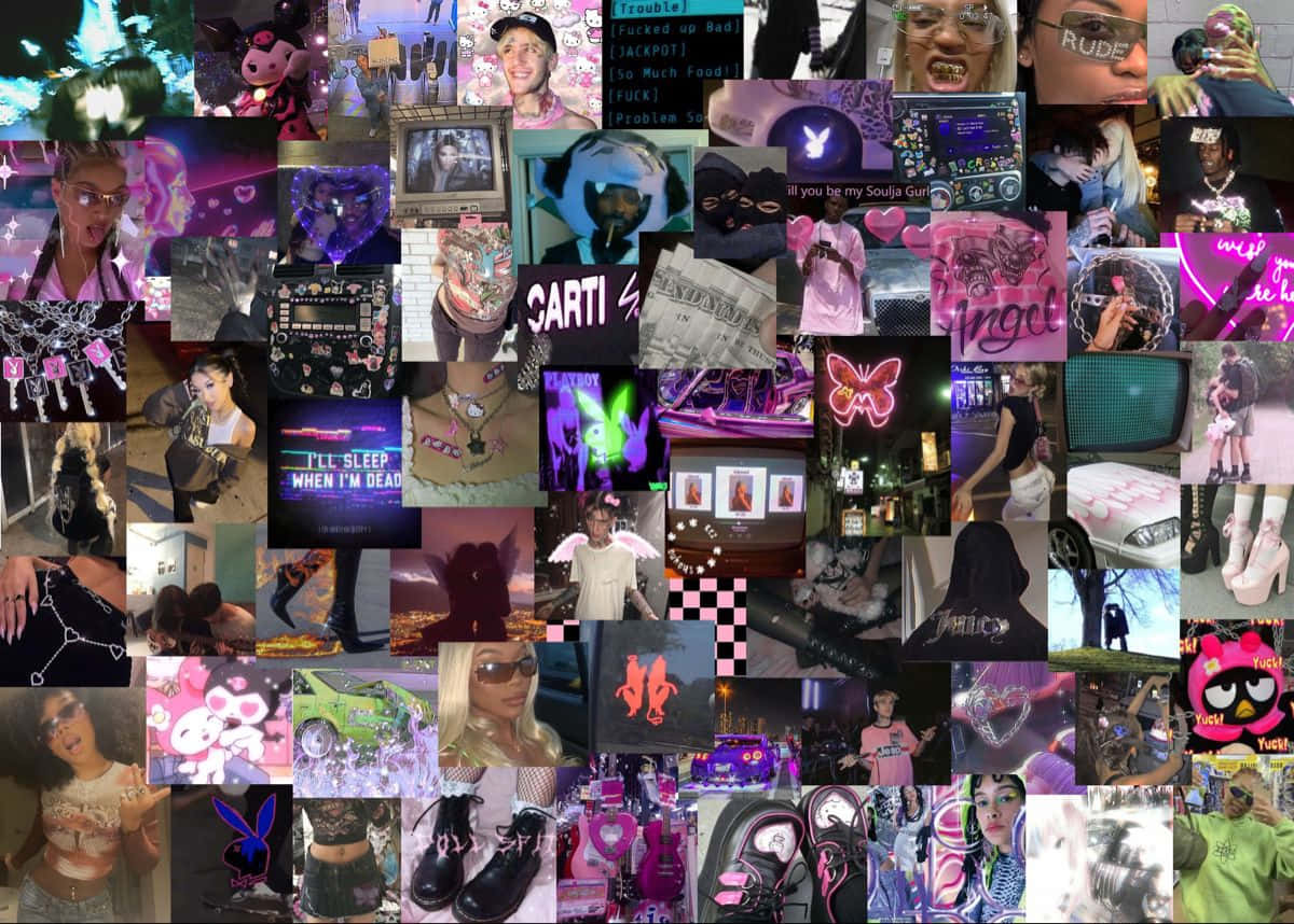 Cyber Y2 K Aesthetic Collage, vivid purples, pinks, SD Desktop Wallpaper