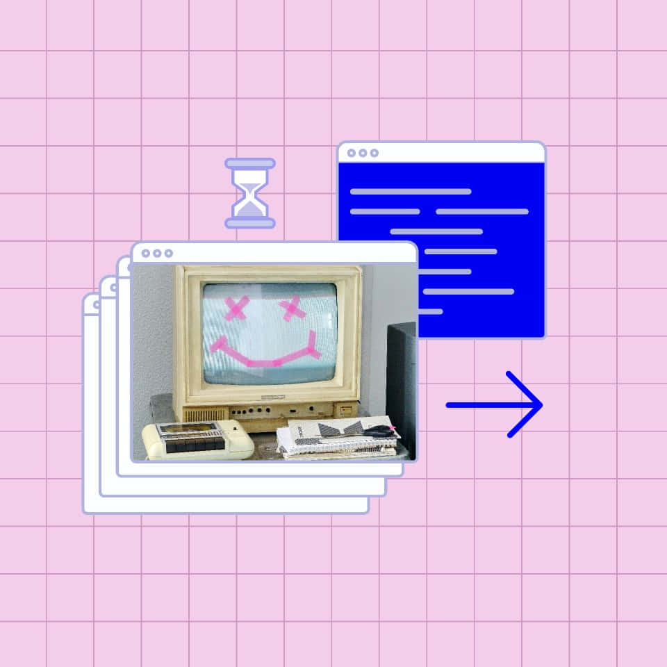 Cyber Y2 K, retro beige CRT monitor, pink X-eyed smiley face, SD Desktop Wallpaper