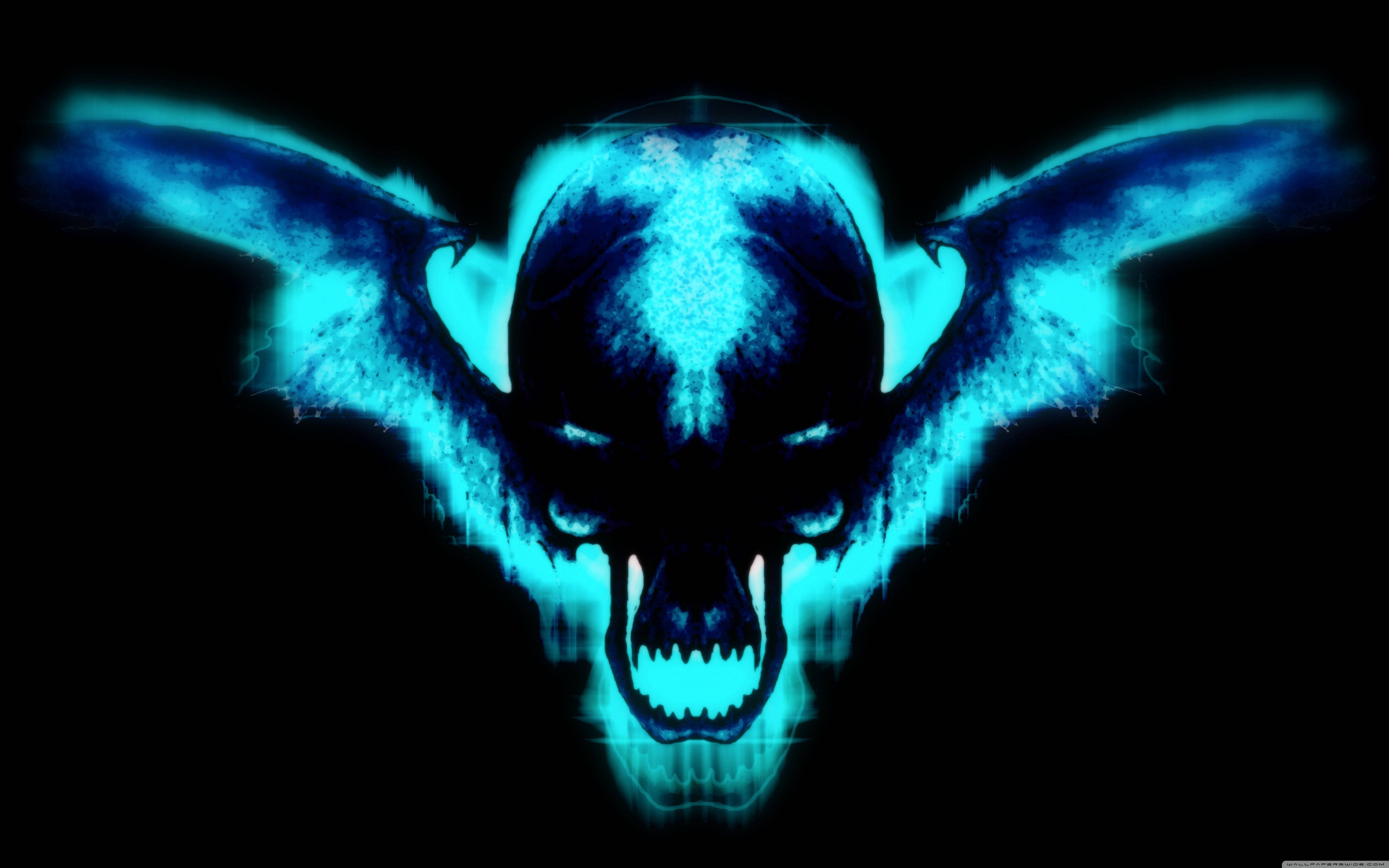 glowing blue bat skull, outstretched wings, black background, 5K Desktop Wallpaper