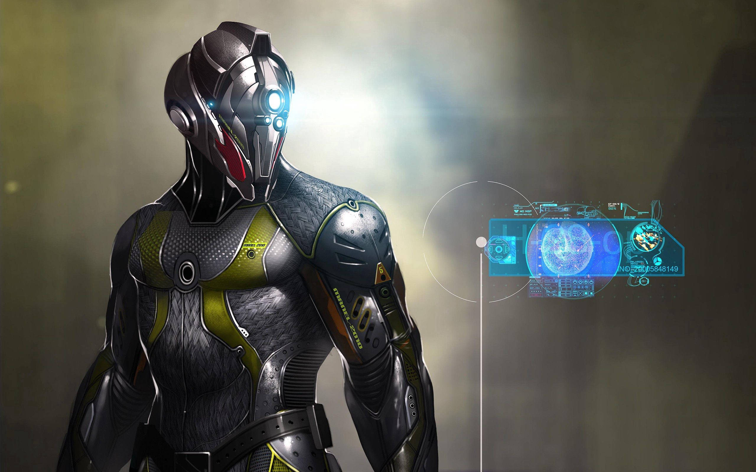 futuristic armored warrior, glowing blue eyes, smoky dim environment, 2K Desktop Wallpaper