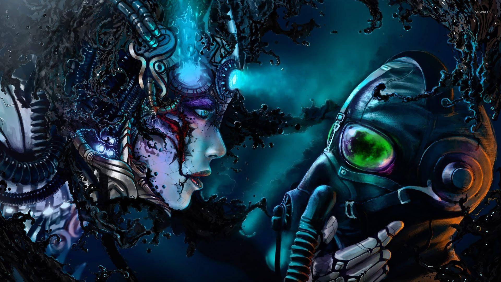cybernetic woman, glowing blue eyes, mechanical tendrils, Full HD Desktop Wallpaper