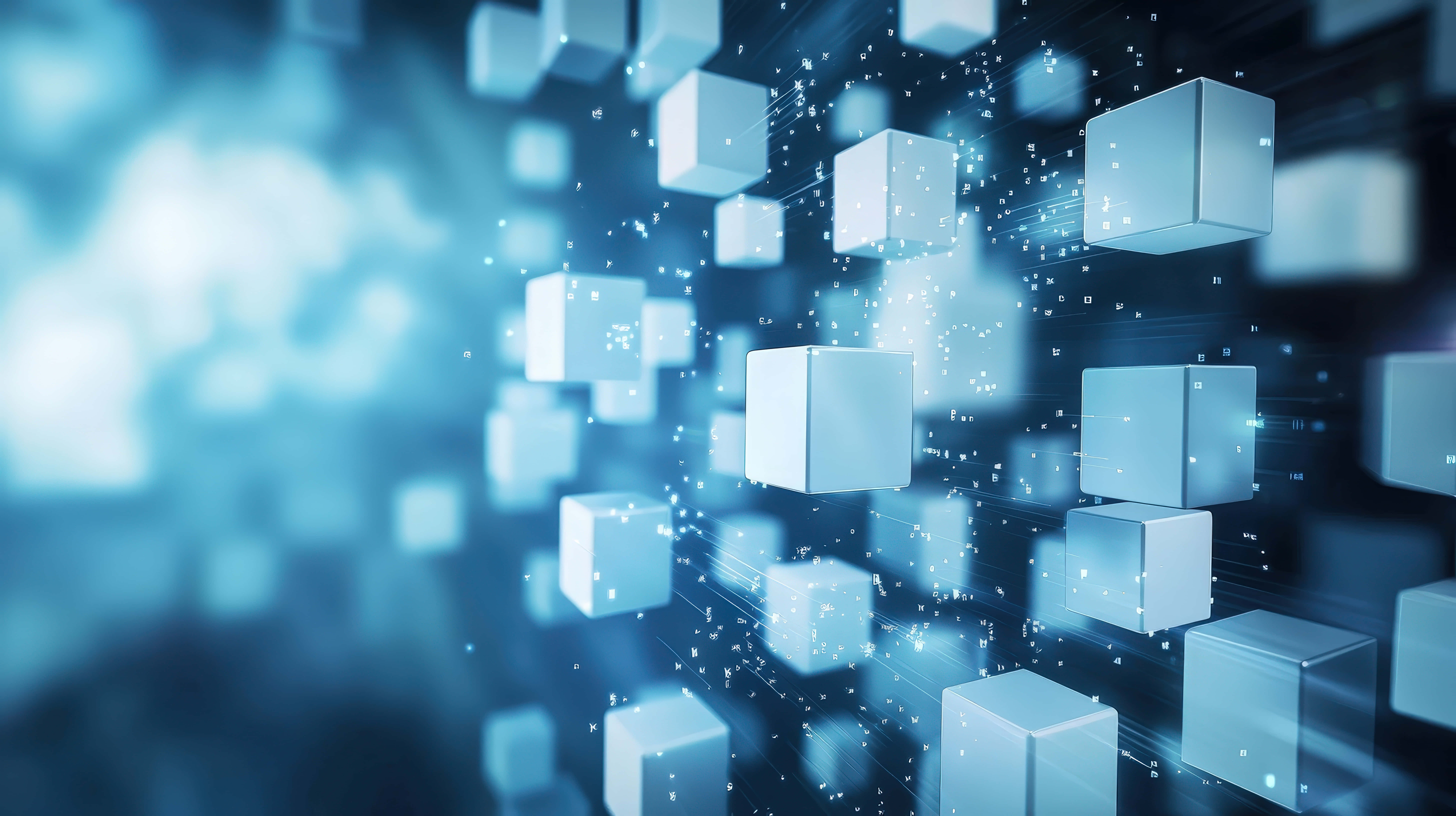 3D-rendered, futuristic digital landscape, floating cubes, 8K Desktop Wallpaper