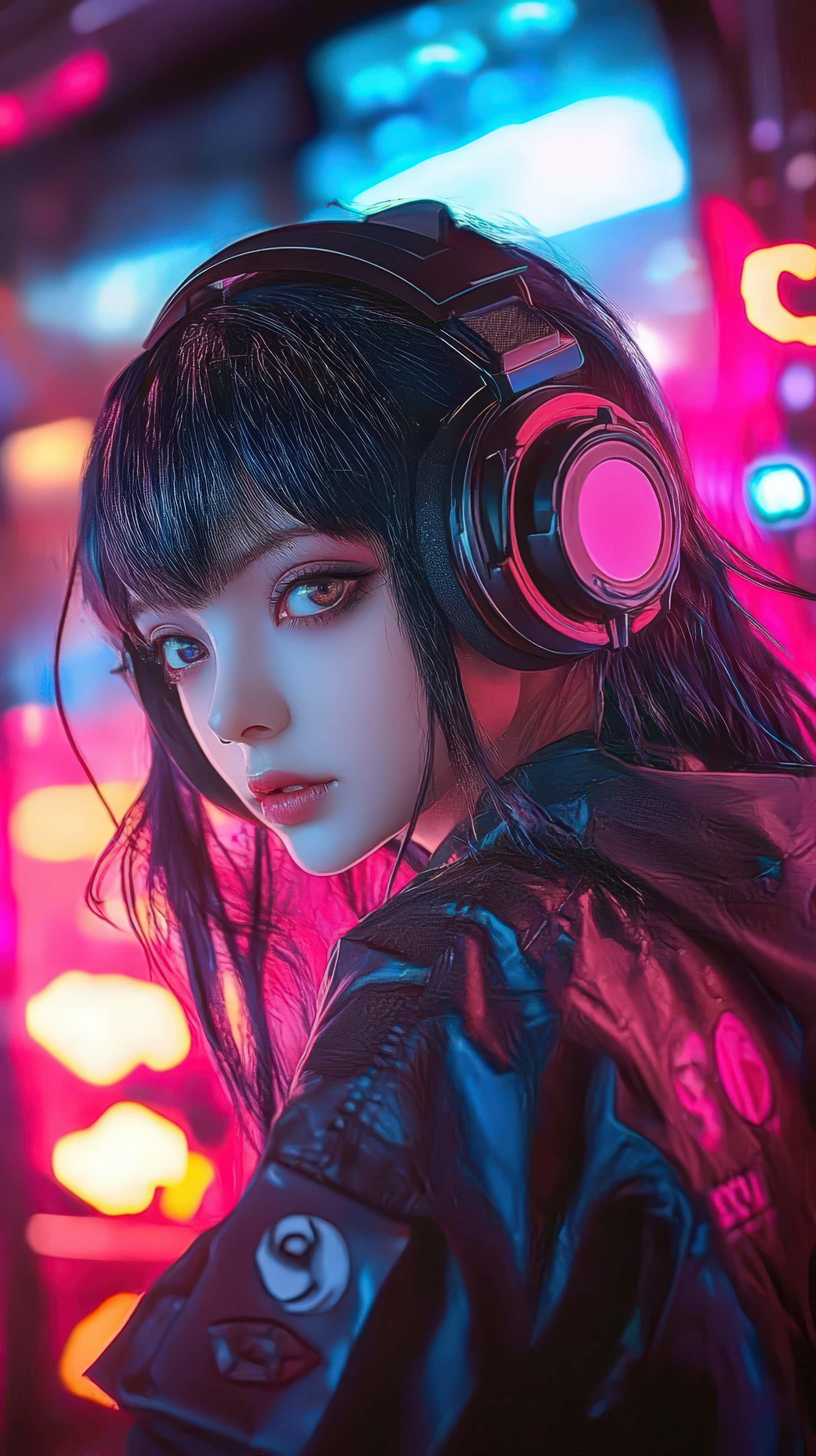 cyberpunk girl, futuristic headphones, neon-lit cityscape, 4K Phone Wallpaper