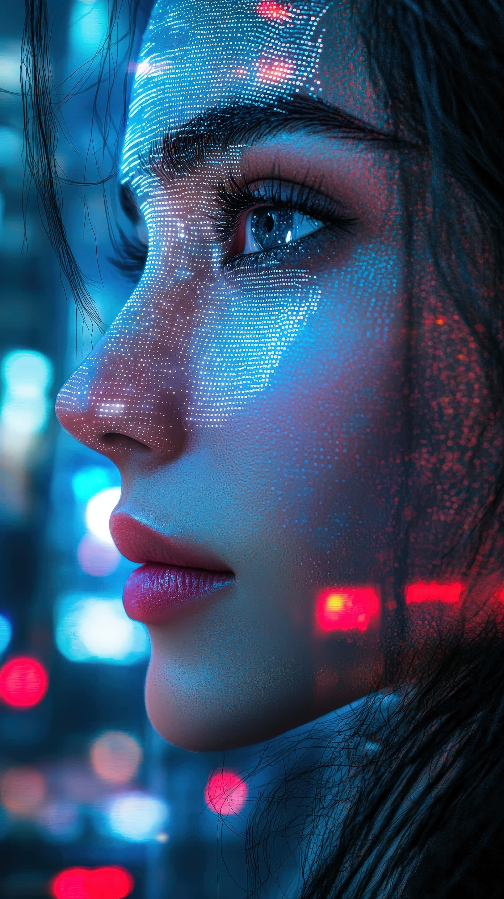 cyberpunk, digital face mapping, neon lights, 2K Phone Wallpaper