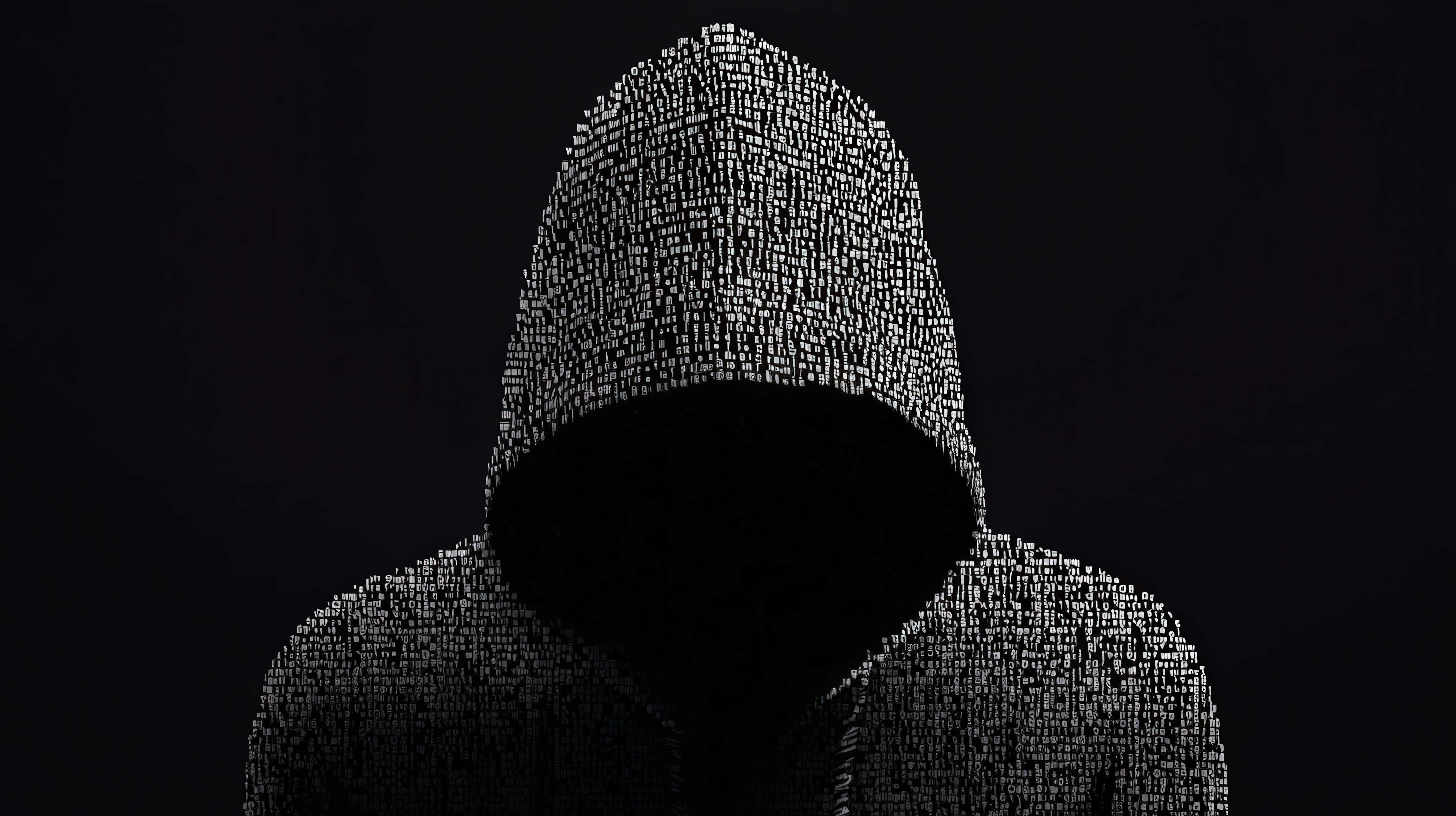 hooded hacker, glowing white binary code, solid black background, 8K Desktop Wallpaper