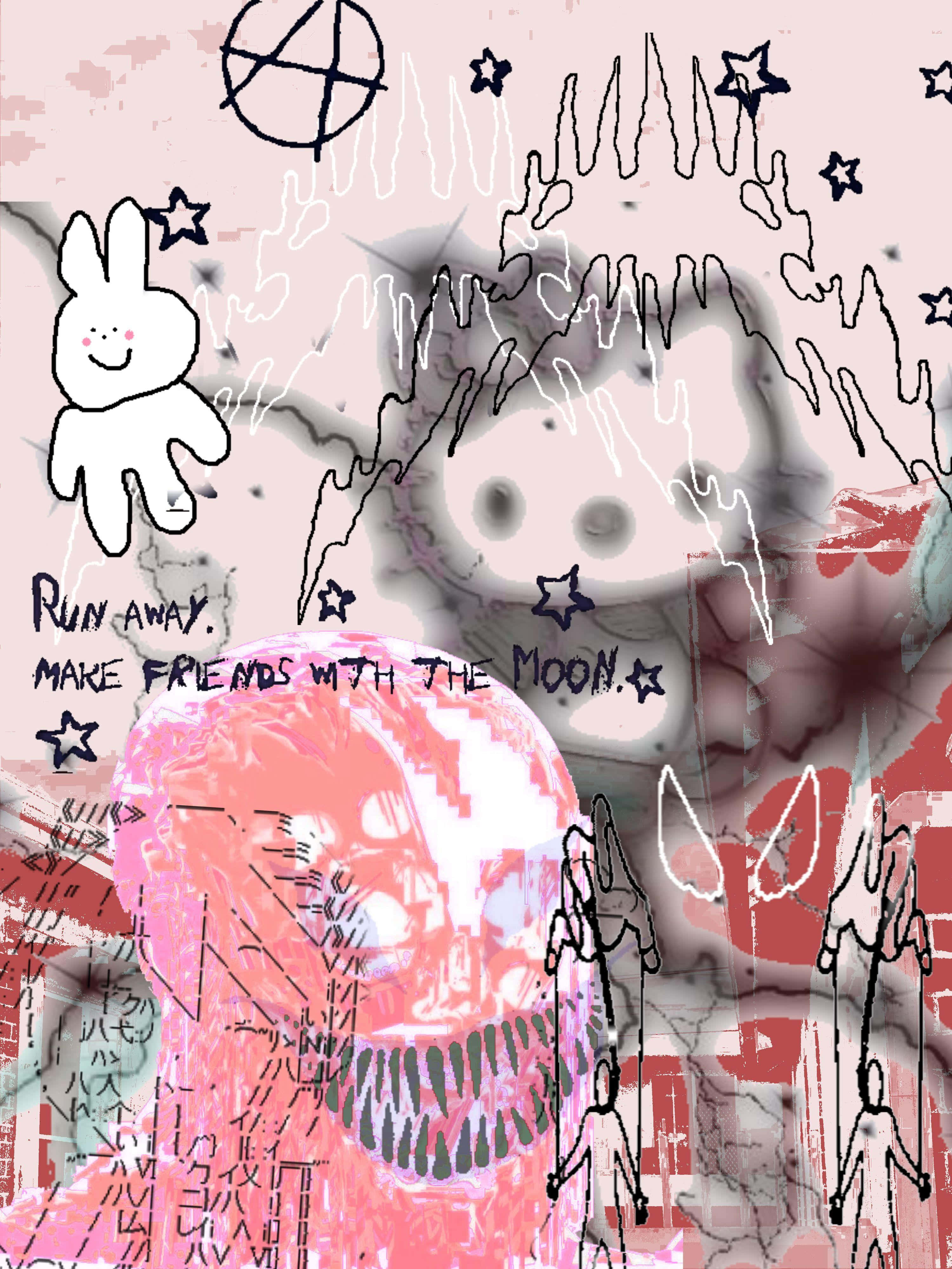 Cybercore, pink and red graffiti-style mural, smiling bunny, 4K Phone Wallpaper