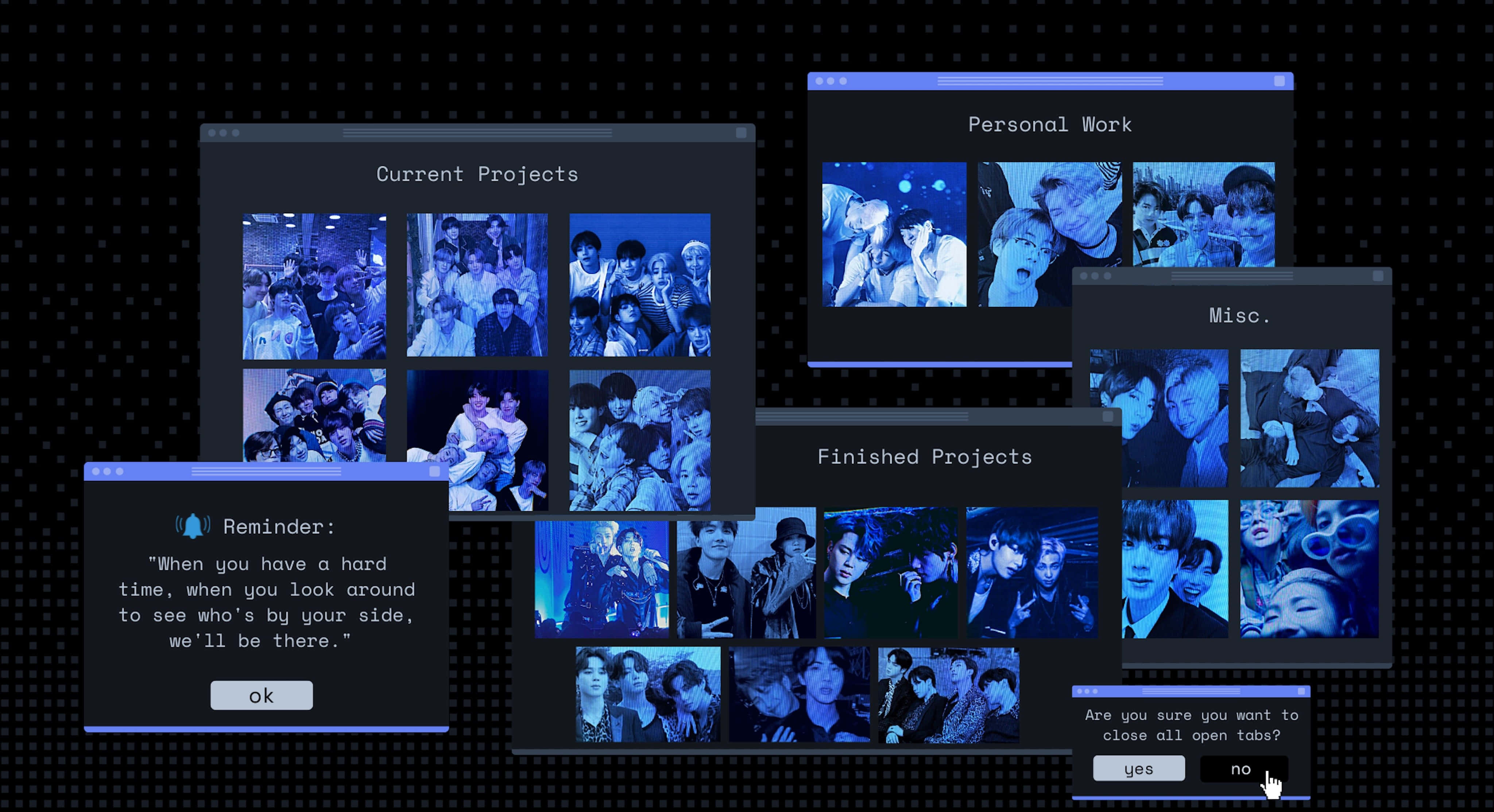 Cybercore, blue-tinted photo folders, pop-up windows, 4K Desktop Wallpaper