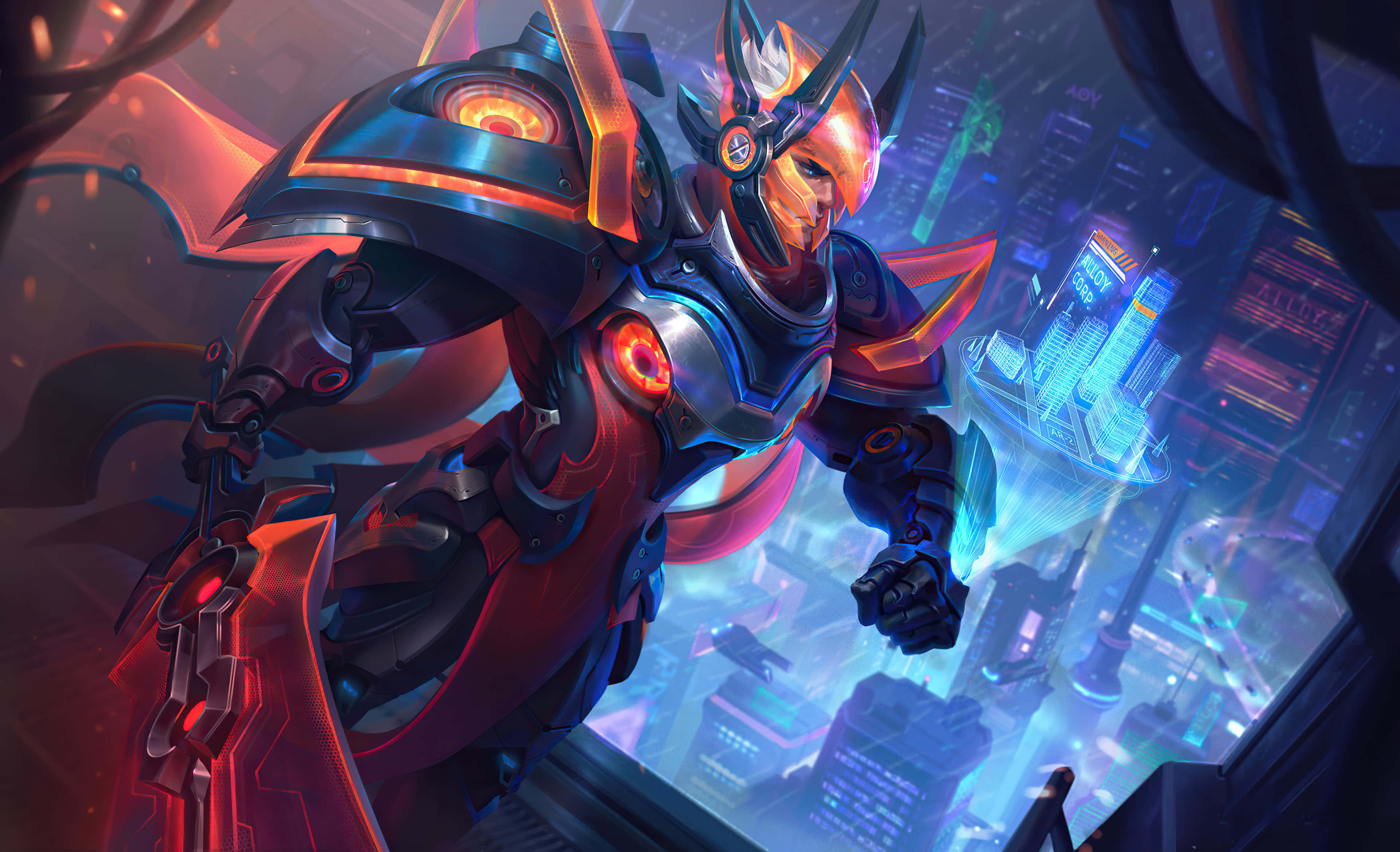 cybernetic warrior, glowing red and blue armor, neon-lit futuristic cityscape, 4K Desktop Wallpaper