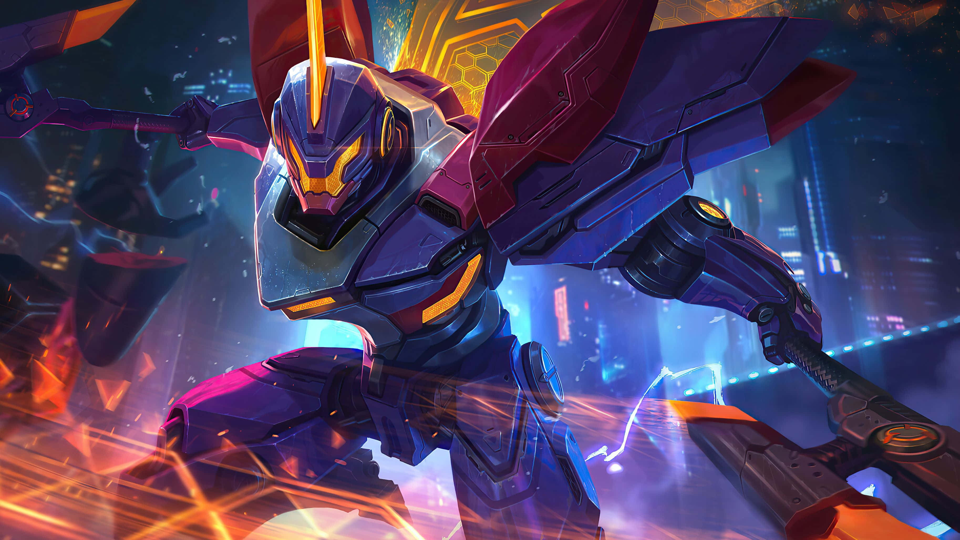 futuristic mech warrior, neon-lit futuristic cityscape, purple and red armored mech, 2K Desktop Wallpaper