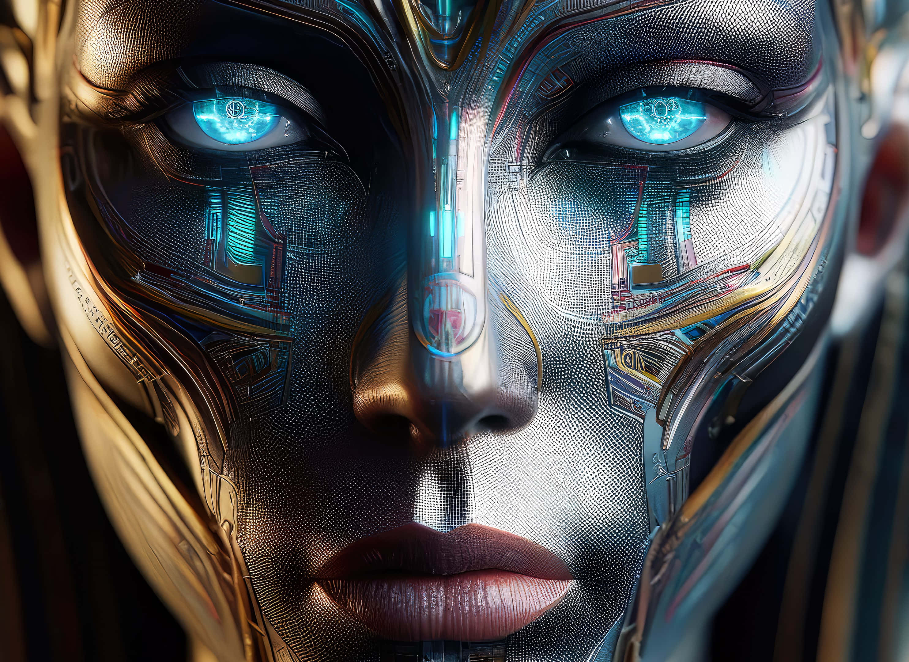 cybernetic humanoid face, glowing blue eyes, gold and silver mechanical details, 2K Desktop Wallpaper