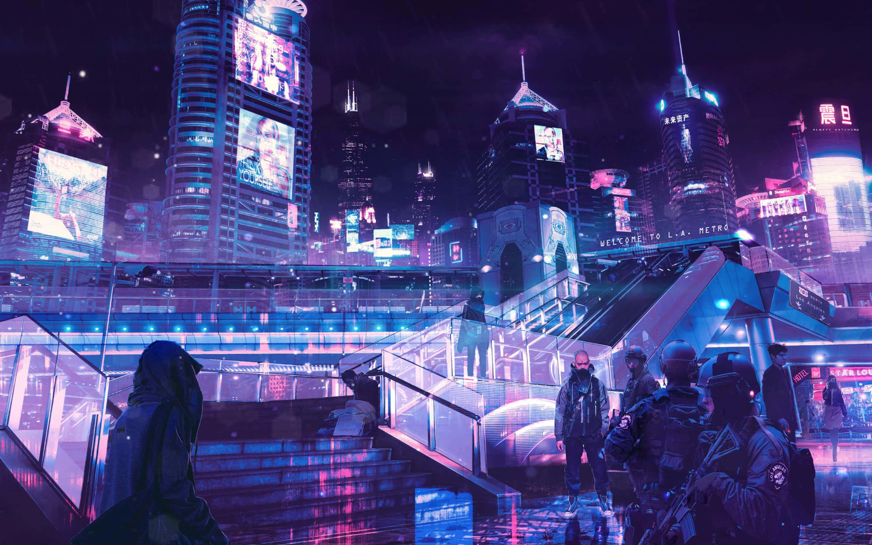 Cyberpunk Cityscape, nightlife, neon-drenched, 2K Desktop Wallpaper