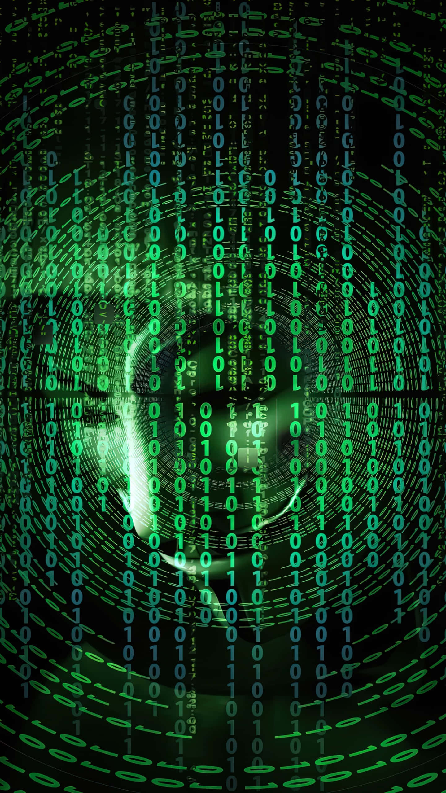 glowing green digital matrix, falling binary code, faint human silhouette, 2K Phone Wallpaper