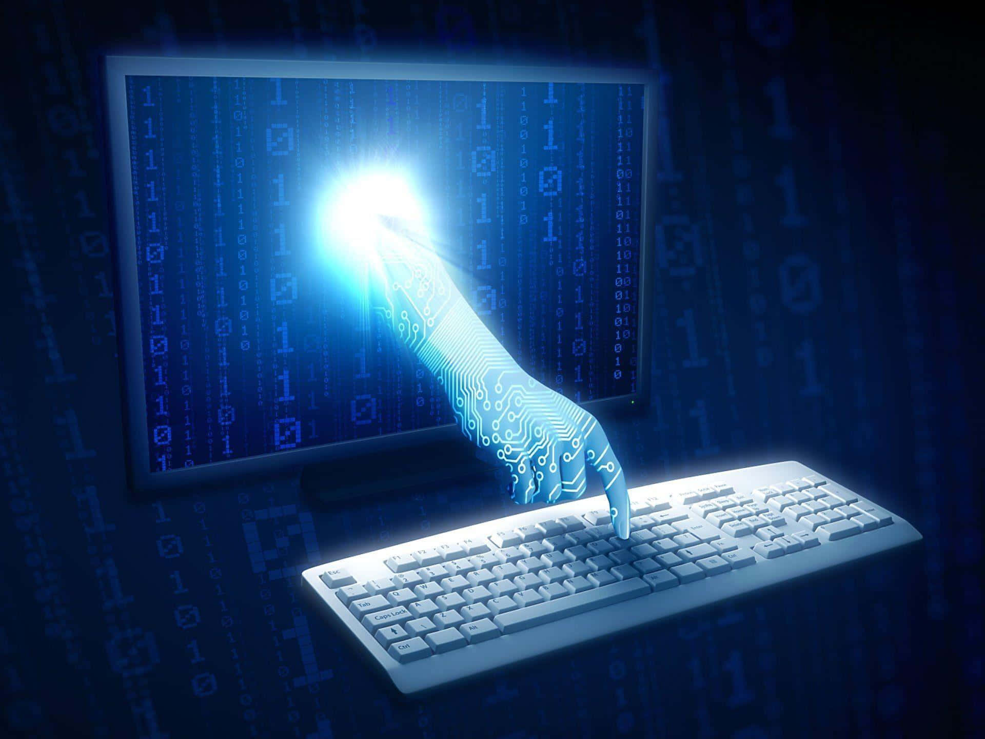 digital cybernetic hand, keyboard, computer screen, Full HD Desktop Wallpaper