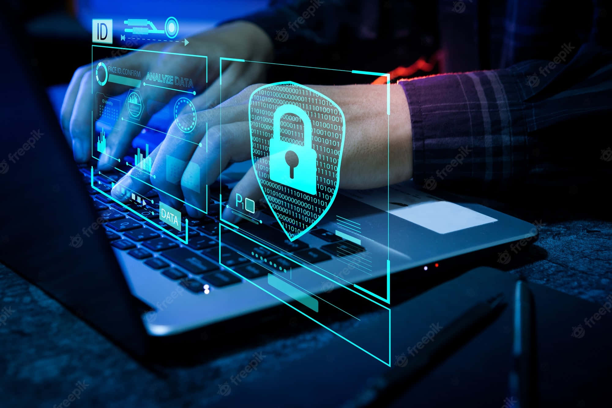 laptop, glowing blue holographic security interface, lock icon, Full HD Desktop Wallpaper