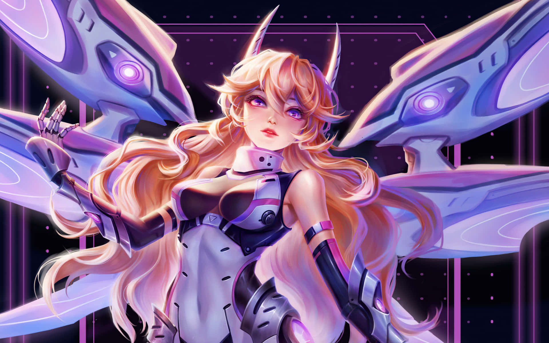 Cybercore, mecha winged warrior, glowing purple wings, Full HD Desktop Wallpaper