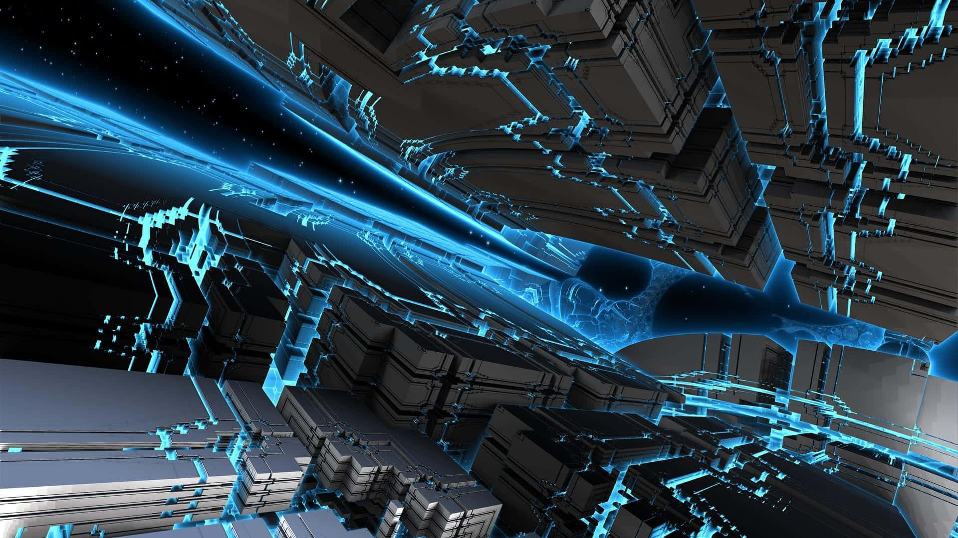 Cybercore, glowing blue energy streams, dark metallic structures, Full HD Desktop Wallpaper
