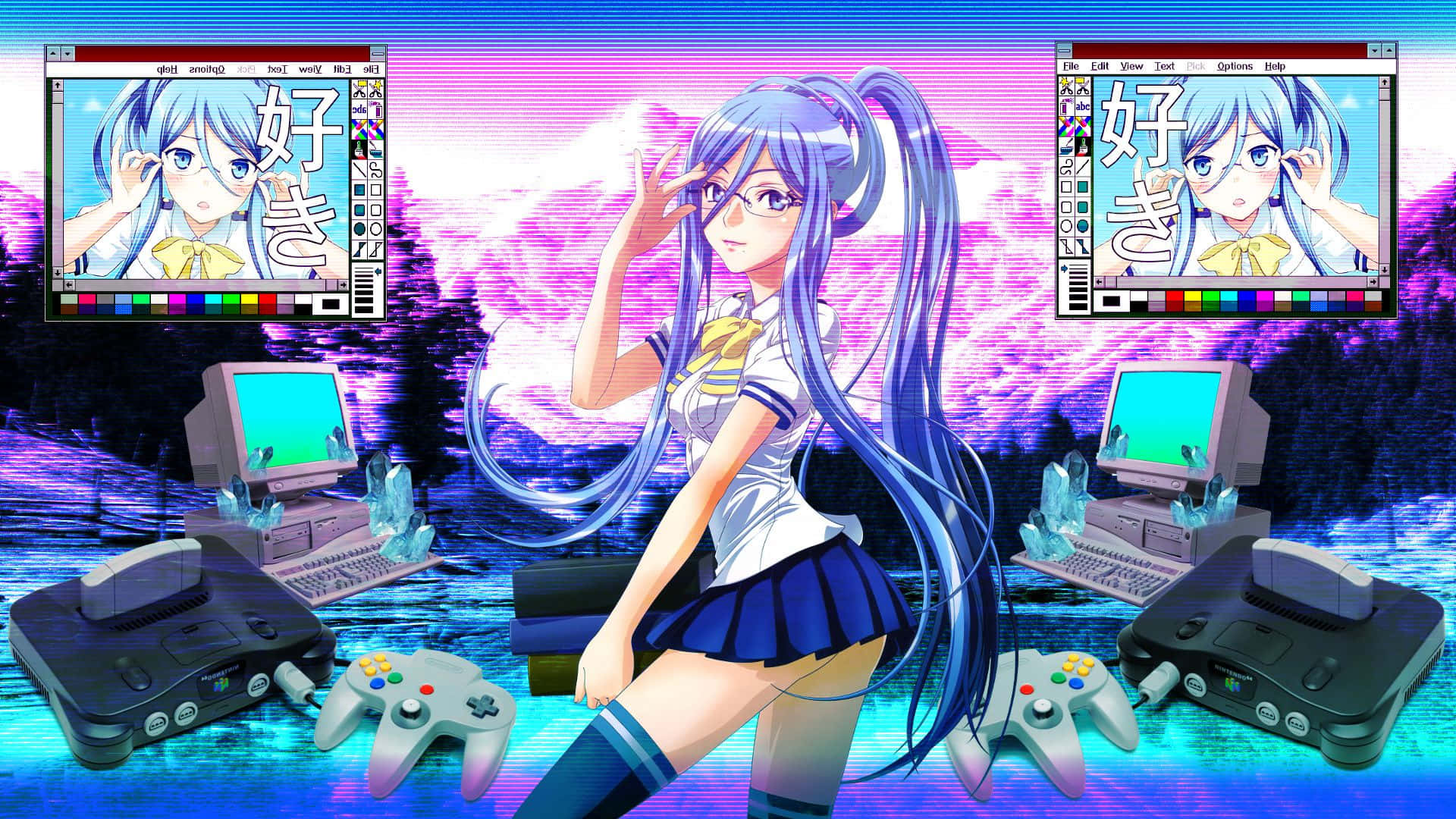 Cybercore, anime girl, blue-haired, Full HD Desktop Wallpaper