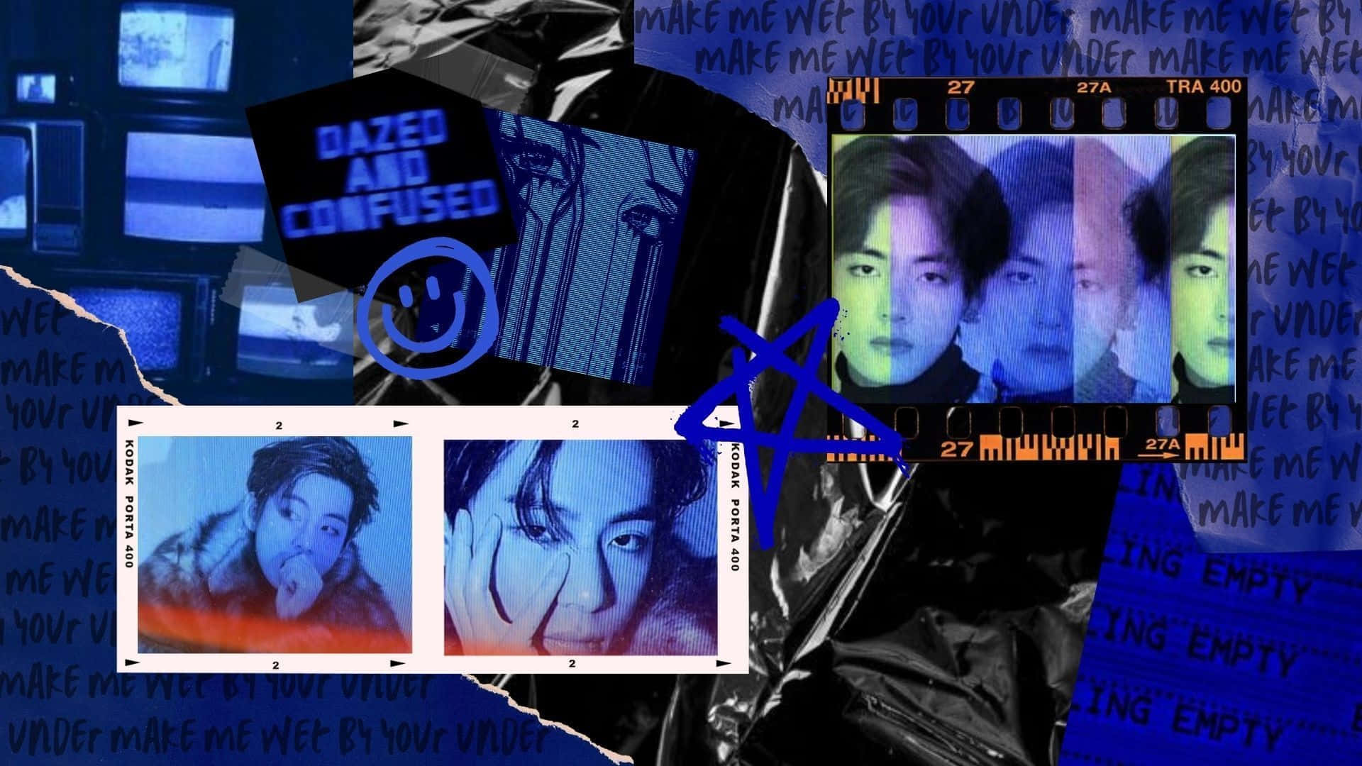 Cybercore, glitchy blue and purple photos, repeating text, Full HD Desktop Wallpaper