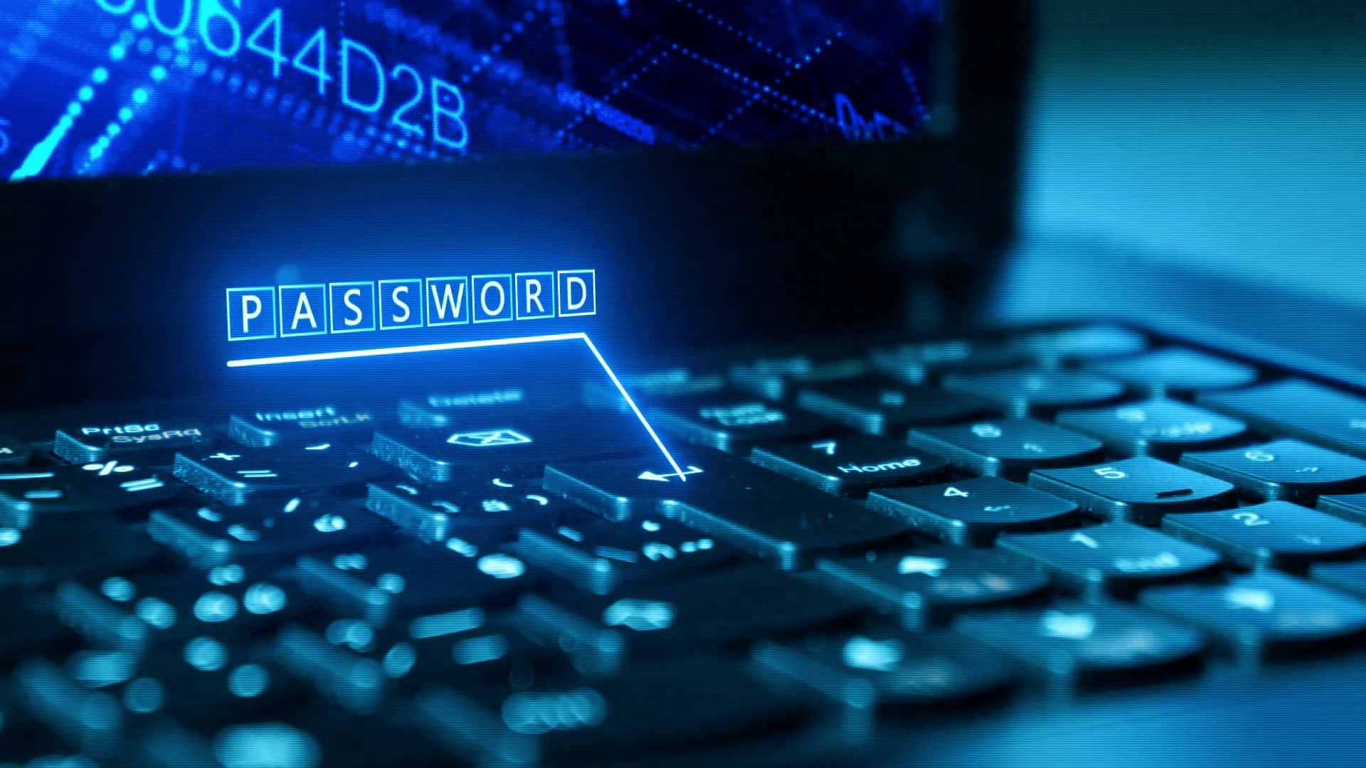 glowing blue holographic password field, dark keyboard, digital code matrix, Full HD Desktop Wallpaper