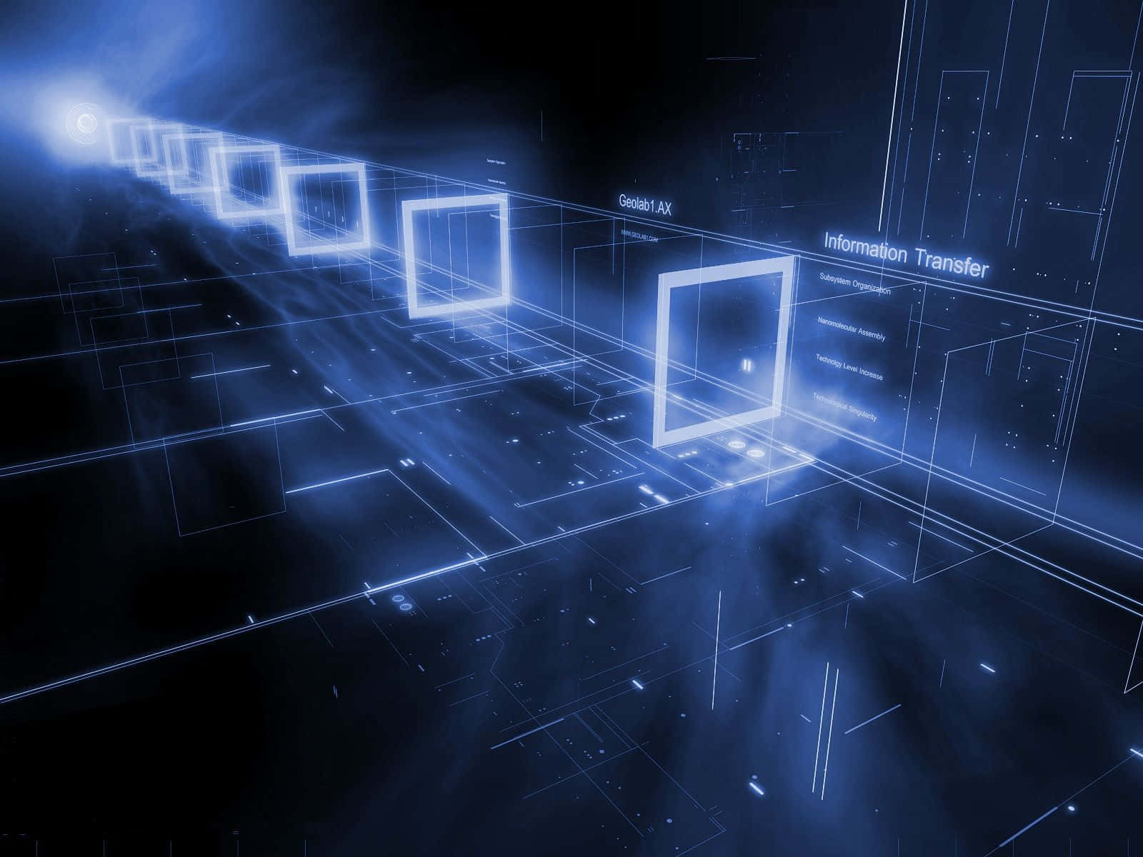 Cybercore, futuristic blue digital interface, glowing wireframe cubes, HD Desktop Wallpaper