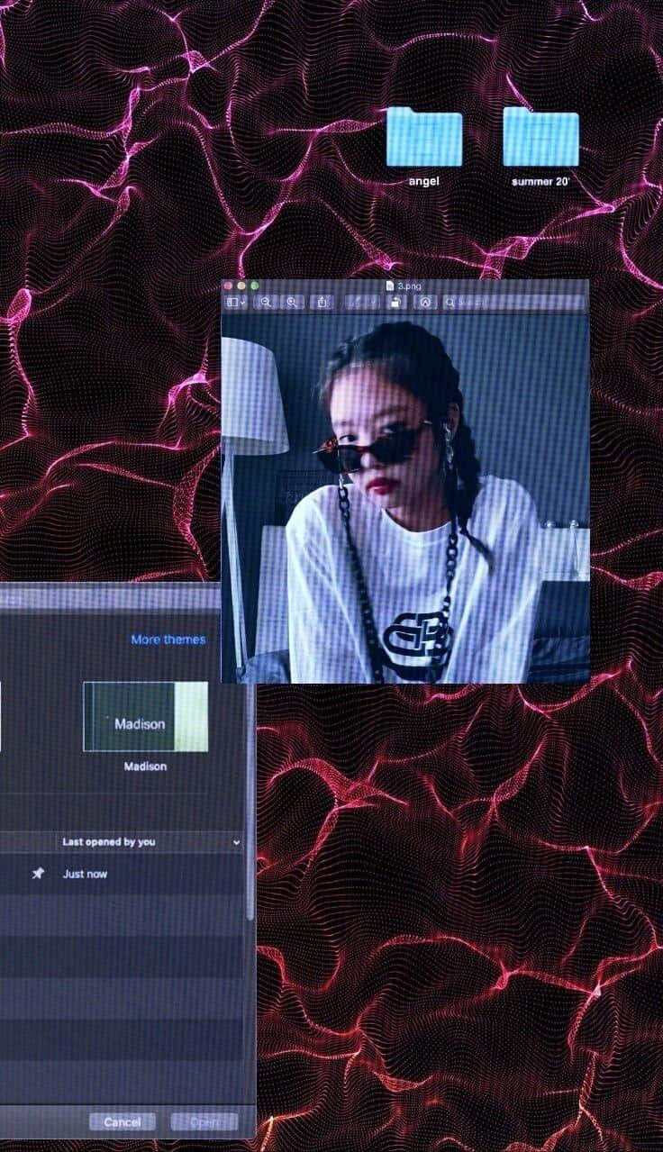 Cybercore Aesthetic Desktop Wallpaper, glitchy red and black wave pattern, woman in sunglasses, SD Phone Wallpaper