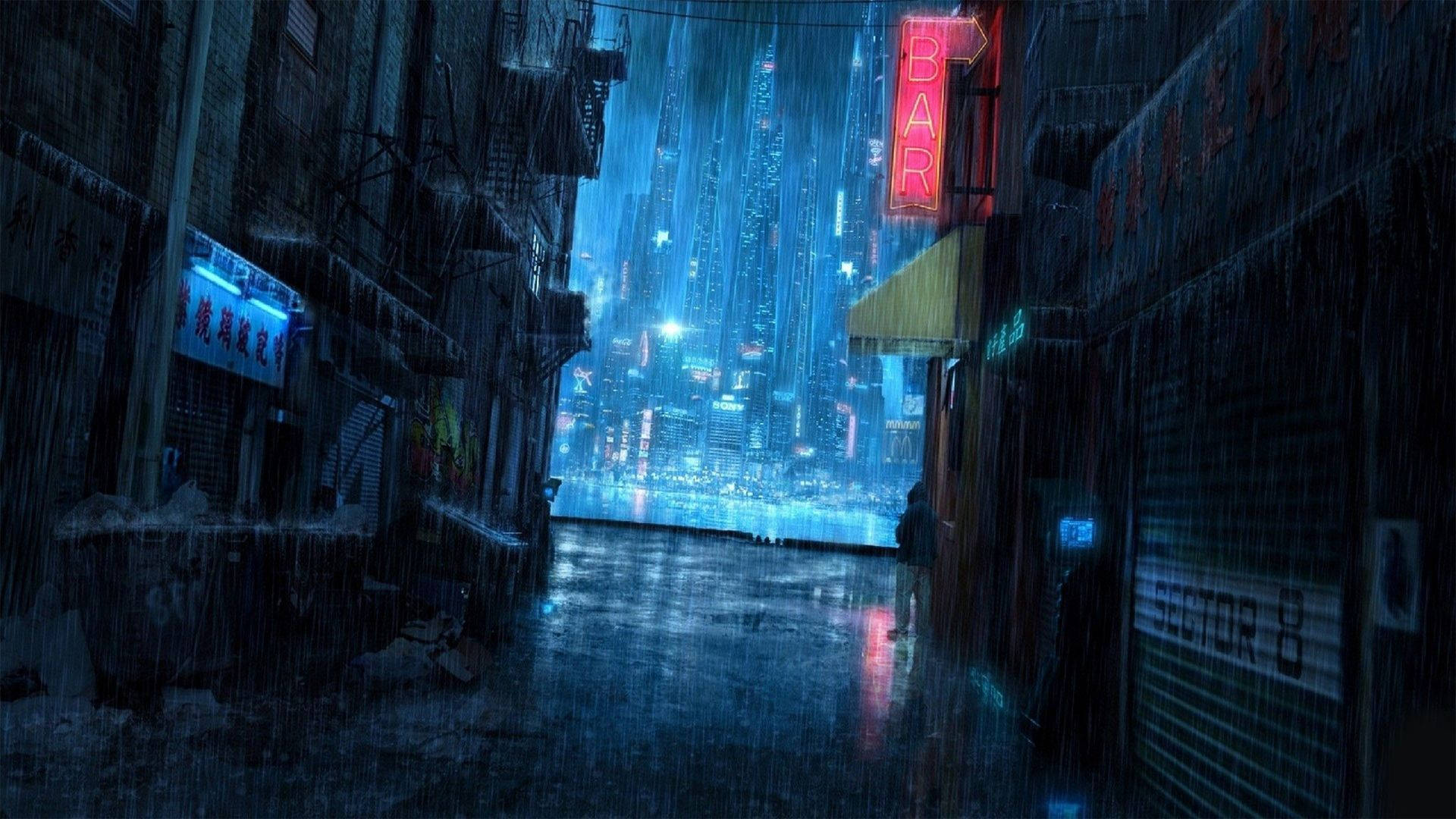 Cyberpunk 1920x1080, rain-soaked alleyway, glowing neon cyberpunk cityscape, Full HD Desktop Wallpaper