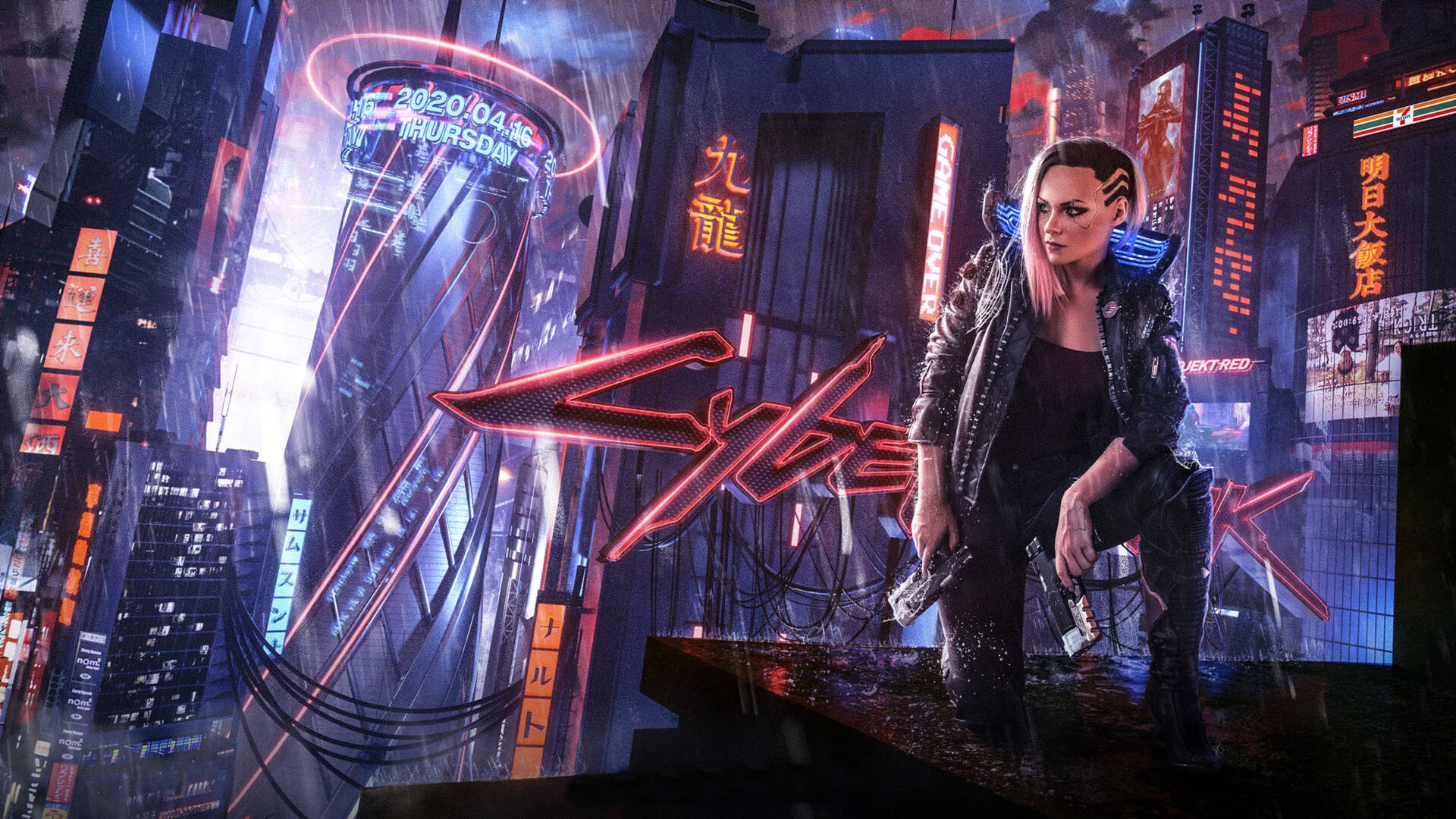 Cyberpunk 1920x1080, female V character, leather jacket, Full HD Desktop Wallpaper