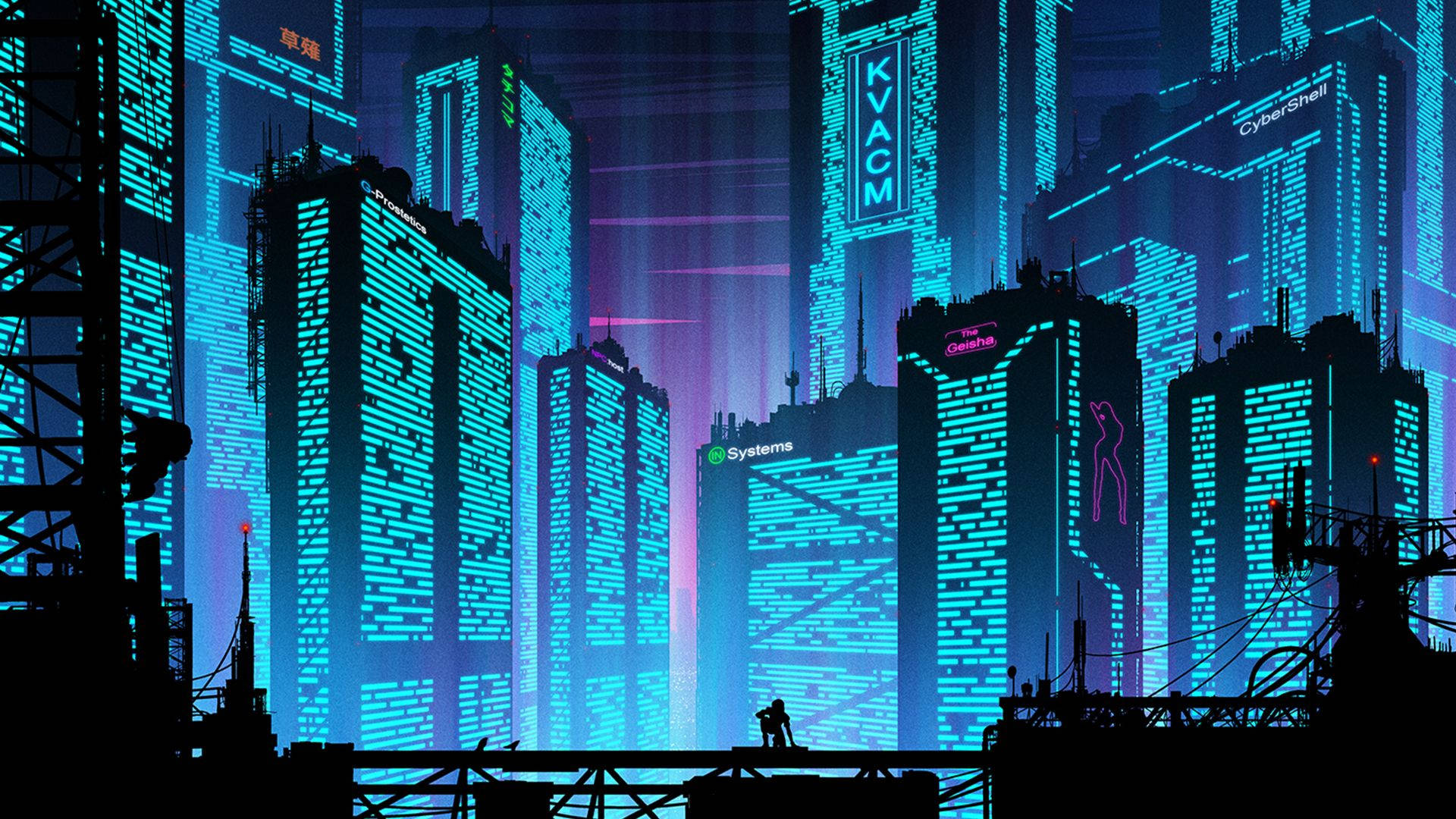 cyberpunk, neon-lit cyberpunk cityscape, rooftop, Full HD Desktop Wallpaper