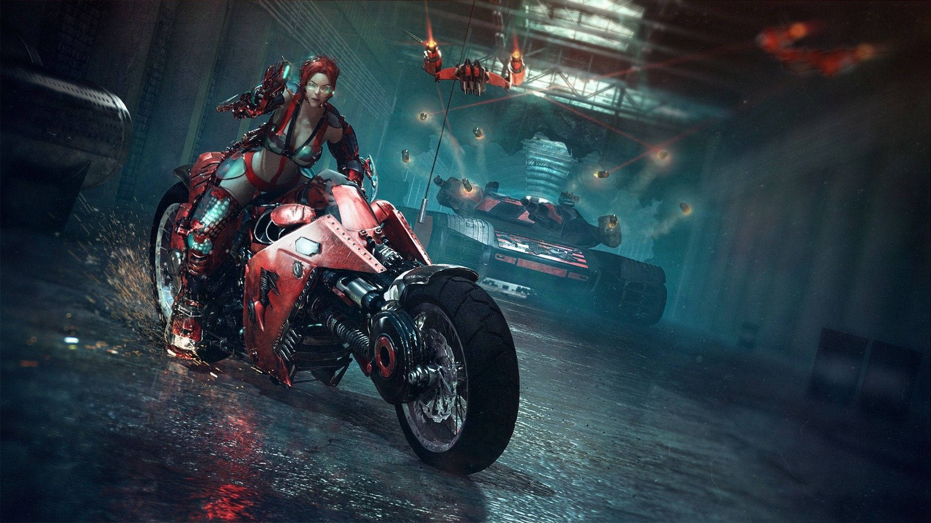 cyberpunk, 1920x1080, red motorcycle, Full HD Desktop Wallpaper