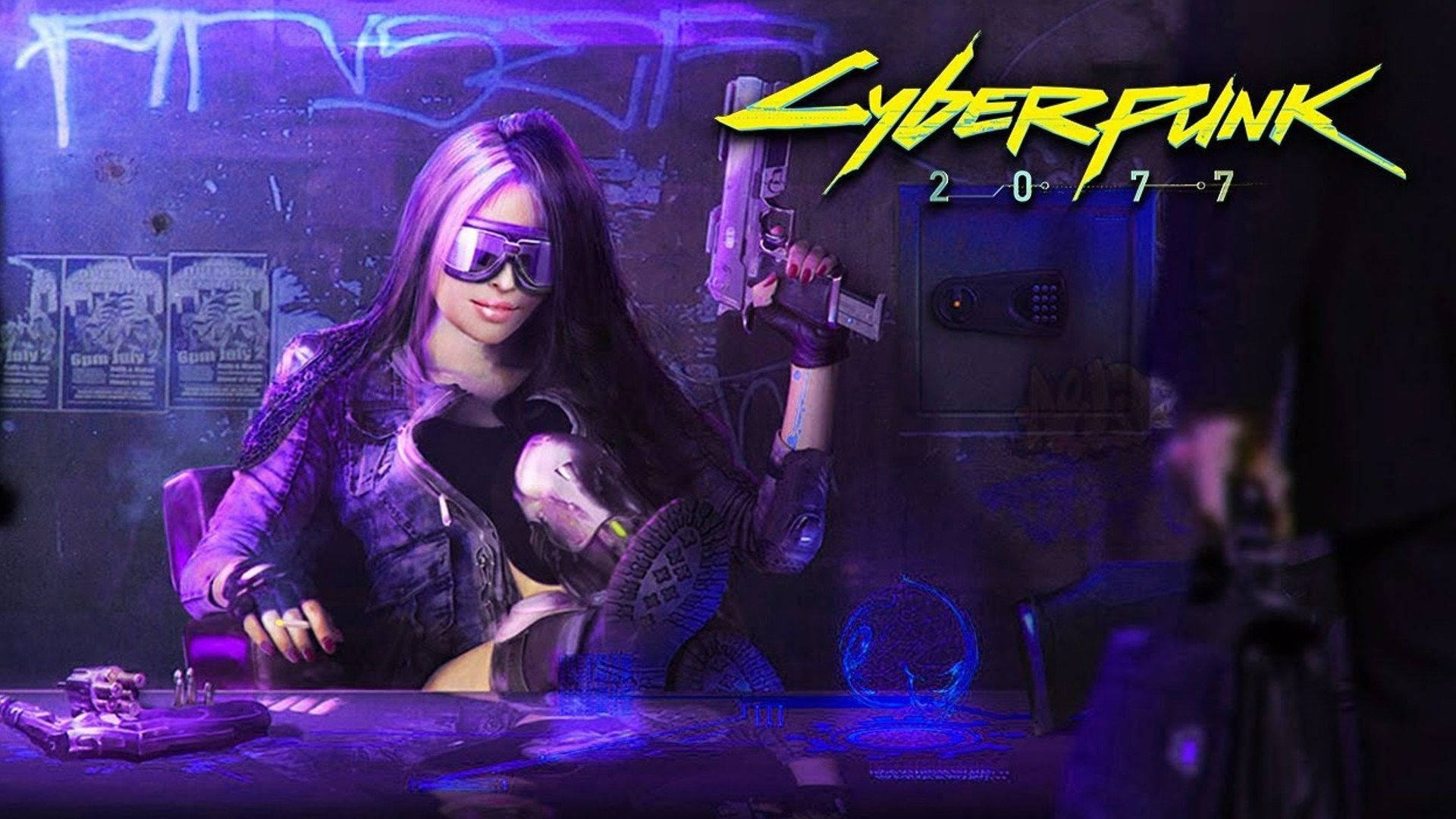 cyberpunk, purple hair, goggles, Full HD Desktop Wallpaper