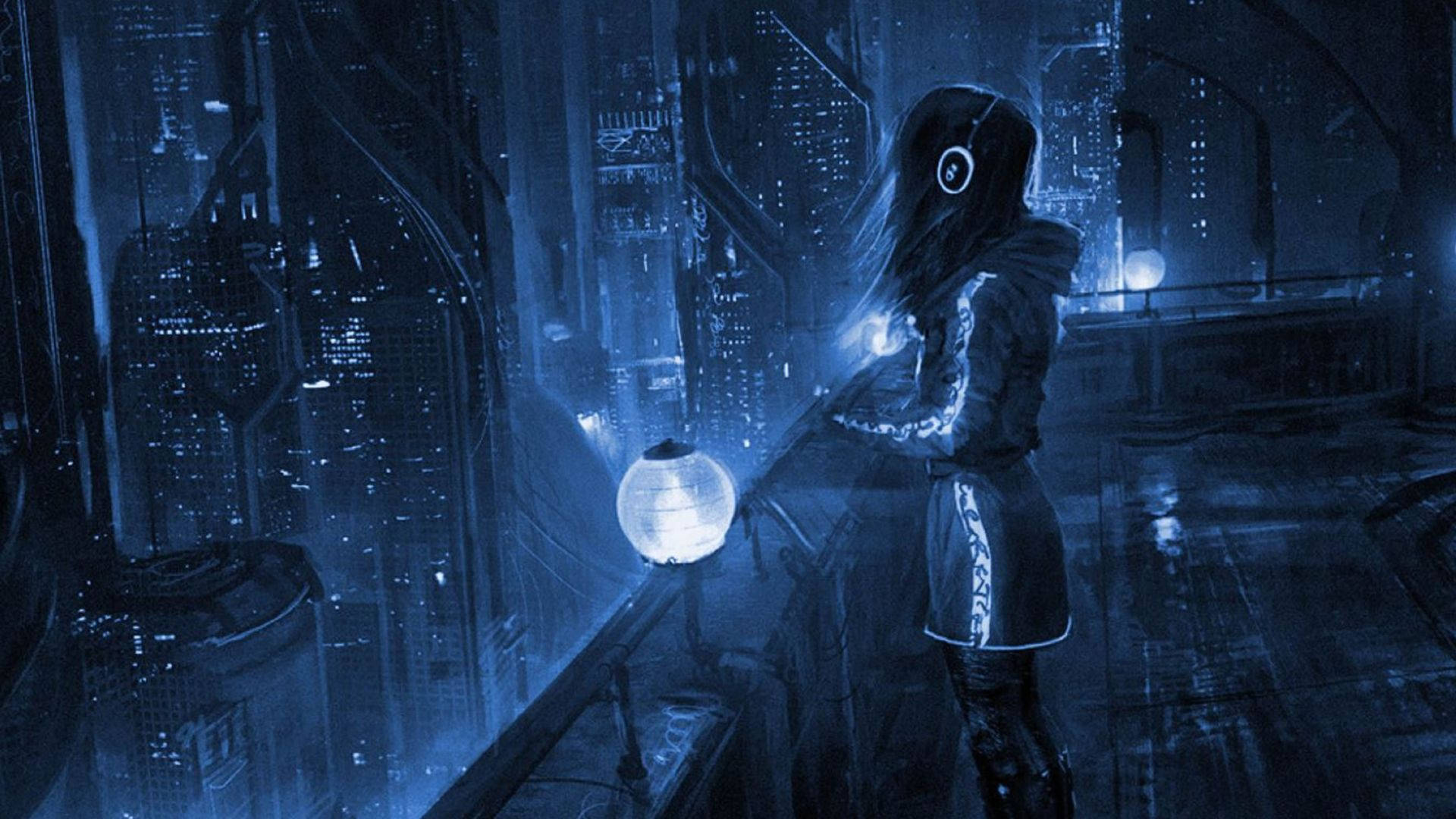 Blue Rooftop Girl, Cyberpunk 1920x1080, futuristic cityscape, Full HD Desktop Wallpaper