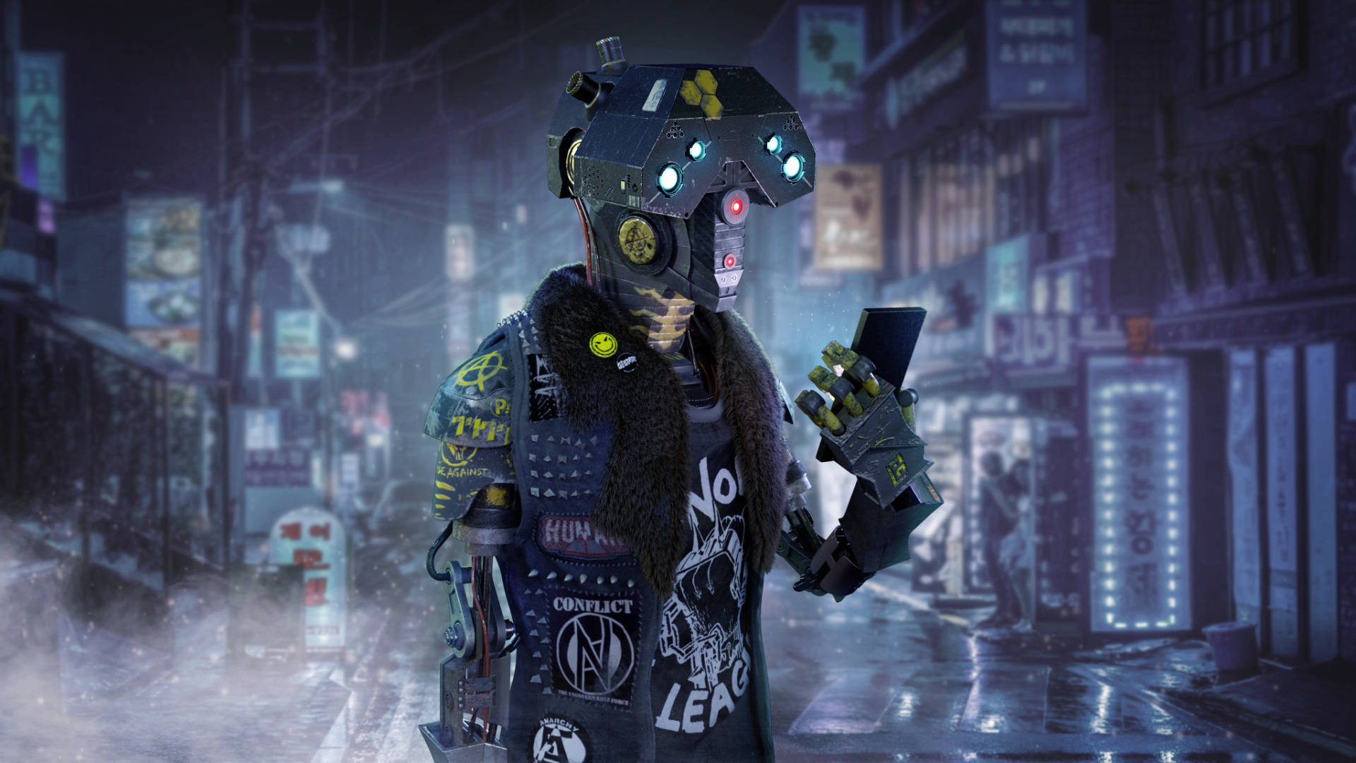 Cyberpunk 1920x1080, neon-lit rainy urban alley, glowing eyes, Full HD Desktop Wallpaper