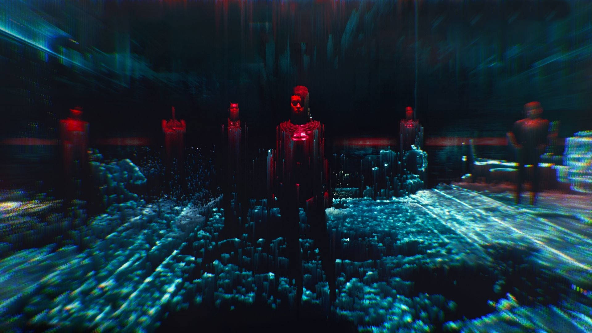 Cyberpunk 1920x1080, glowing red humanoid figure, glitching digital landscape, Full HD Desktop Wallpaper