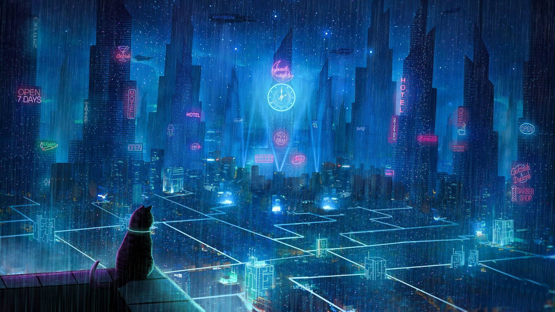 Cyberpunk, 1920x1080, neon towers, Full HD Desktop Wallpaper