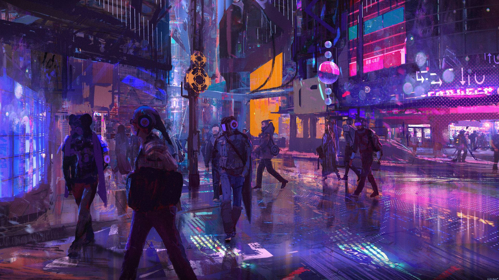 Cyberpunk 1920x1080, neon-drenched, rain-soaked, Full HD Desktop Wallpaper