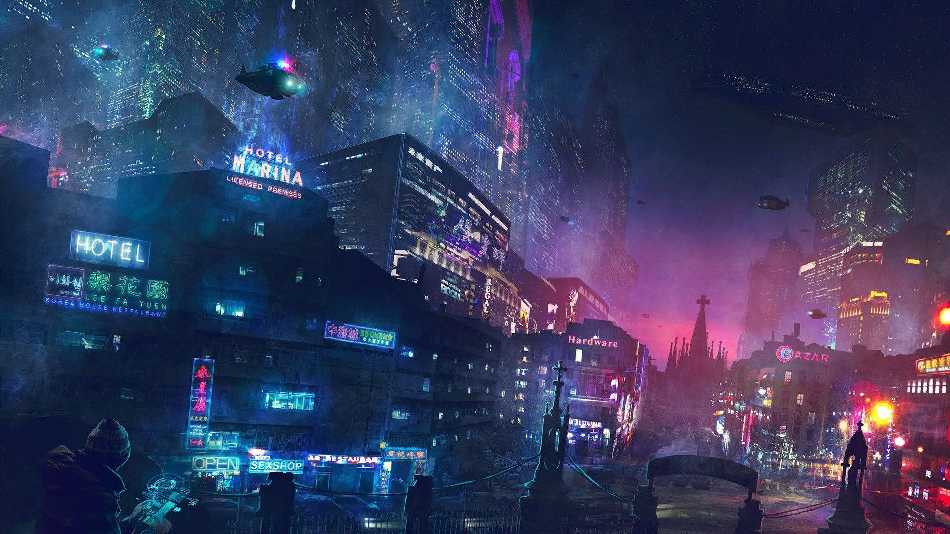 Cyberpunk 1920x1080, neon-drenched cyberpunk cityscape, flying vehicles, Full HD Desktop Wallpaper
