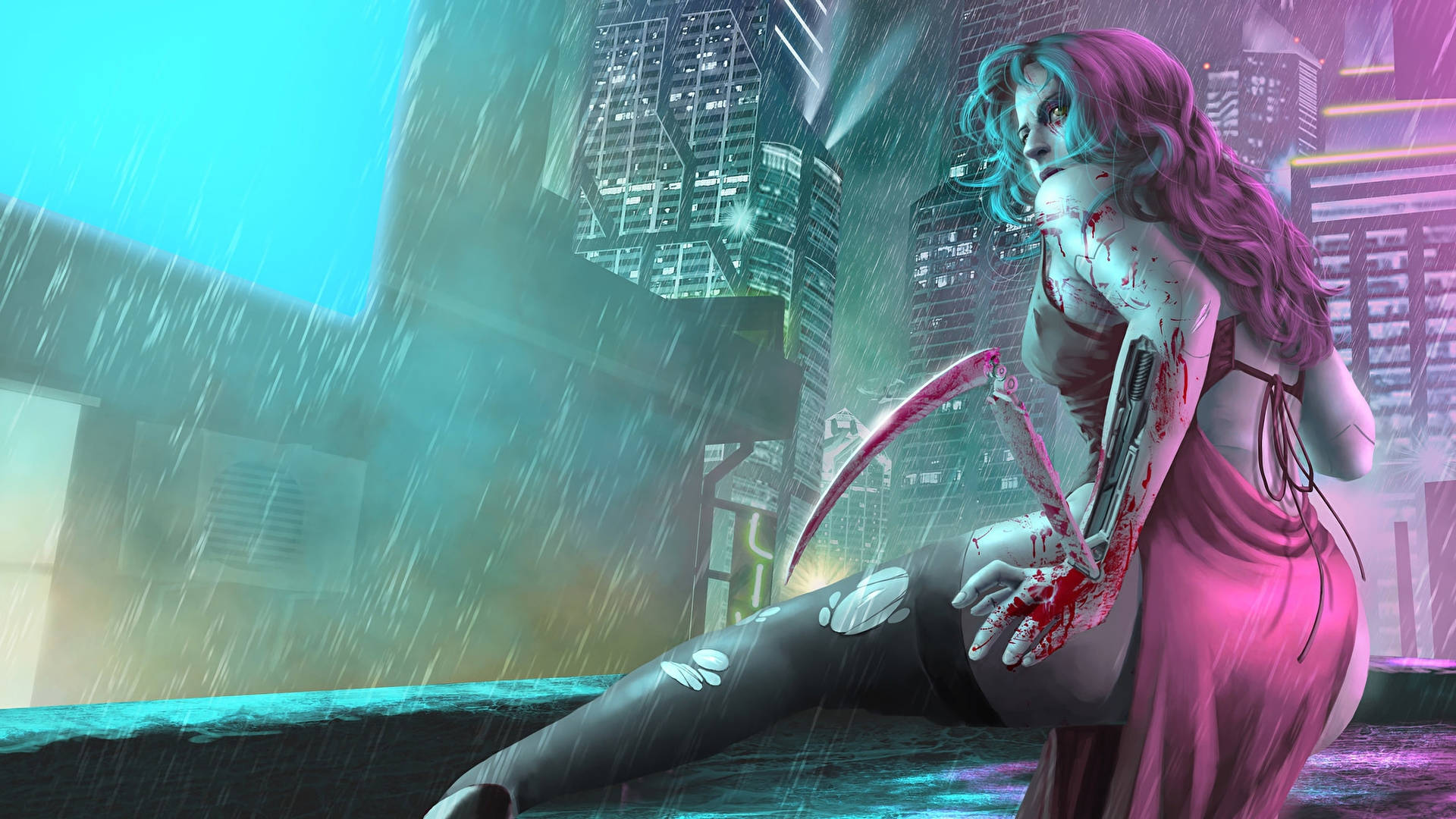 Cyberpunk 1920x1080, female cyborg, pink hair, Full HD Desktop Wallpaper