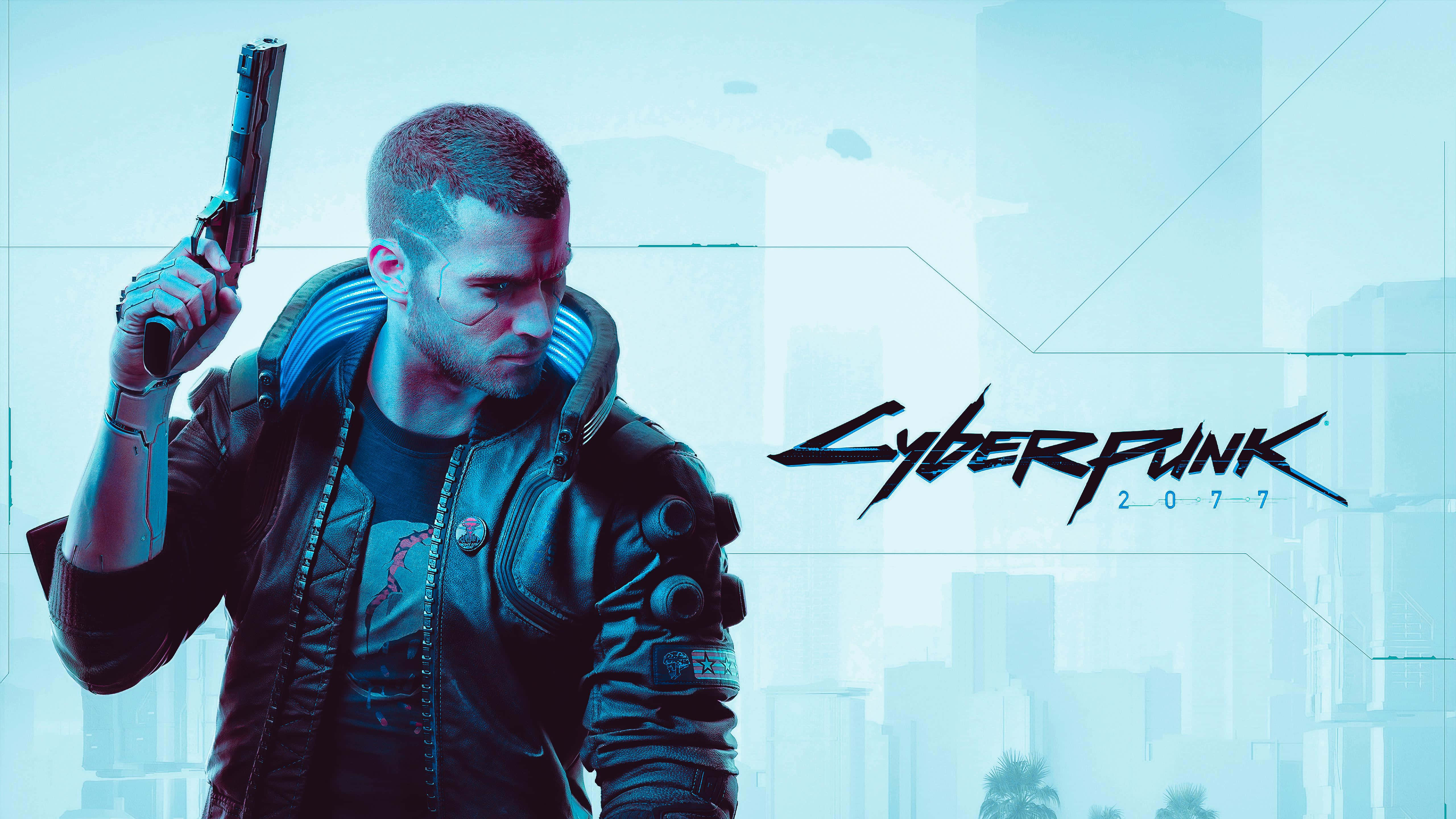 Cyberpunk 2077, neon-lit futuristic city skyline, leather jacket, 5K Desktop Wallpaper