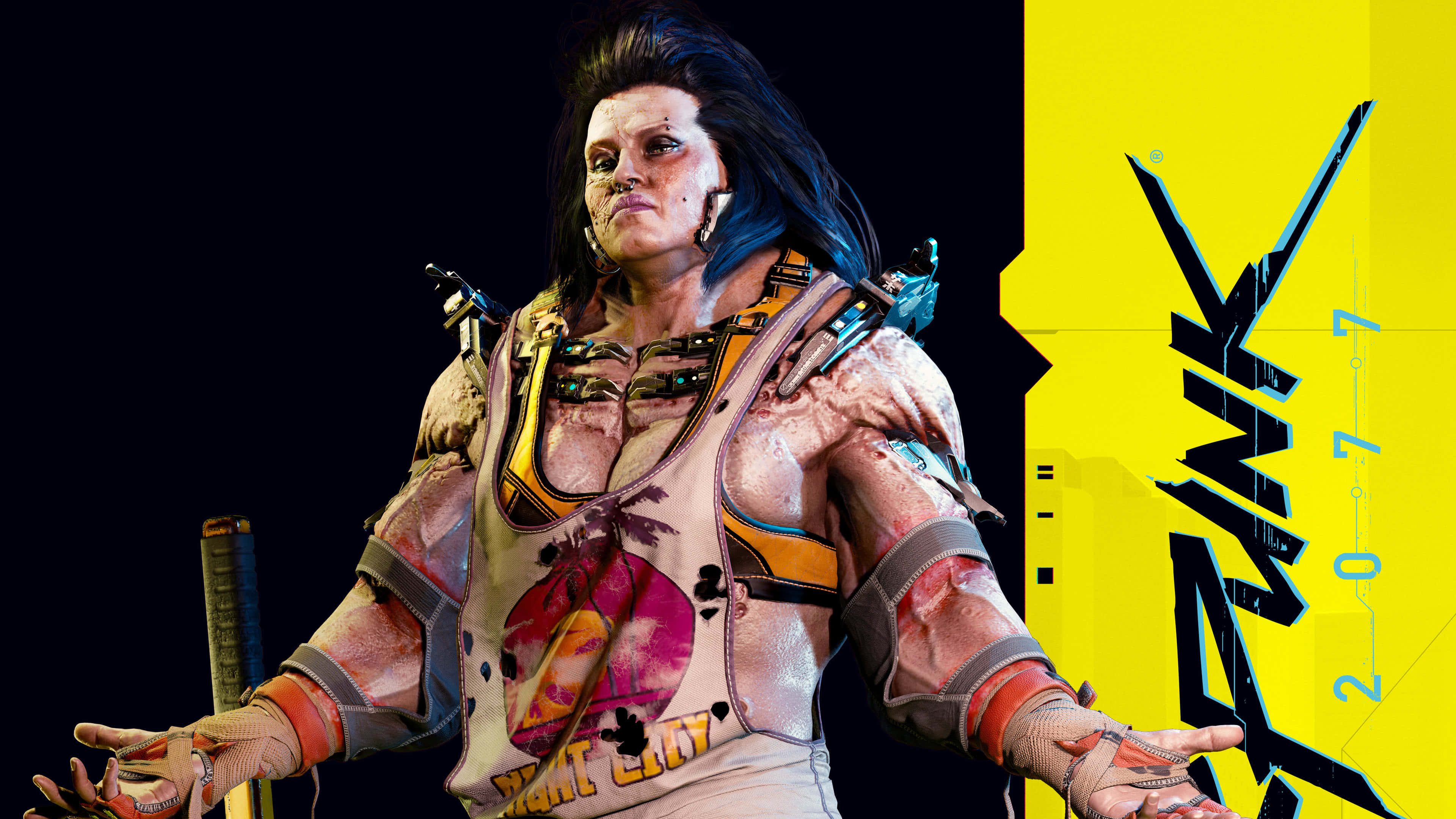 Cyberpunk 2077, blue hair, battle scars, 4K Desktop Wallpaper